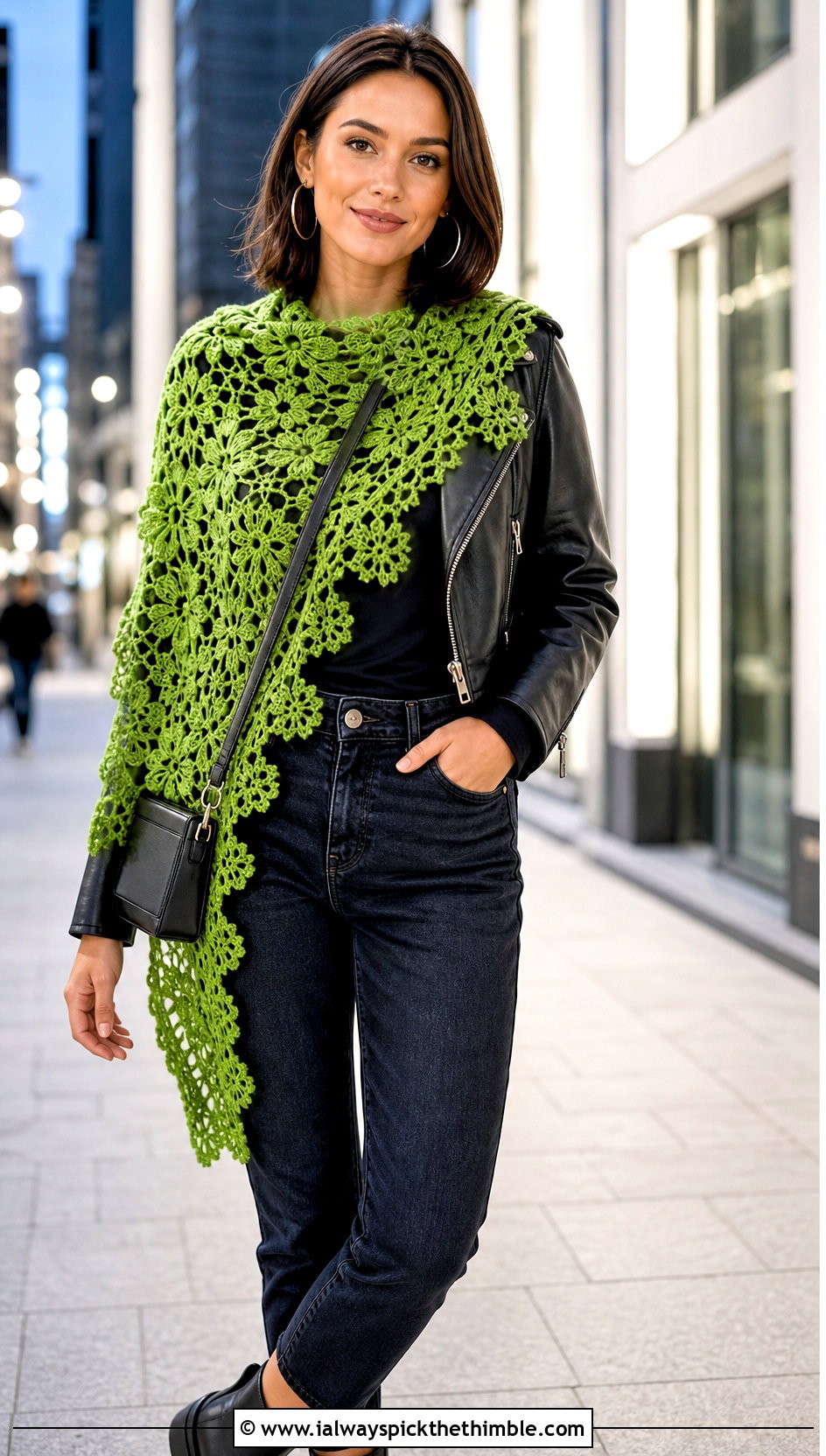 Asymmetrical Floral Shawl With A Leather Jacket - 15 Crochet Floral Shawl outfit ideas