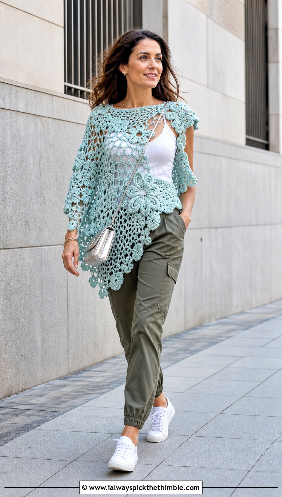 Asymmetrical Flower Crochet Poncho With Cargo Pants - 20 Crochet Flower Poncho outfit ideas
