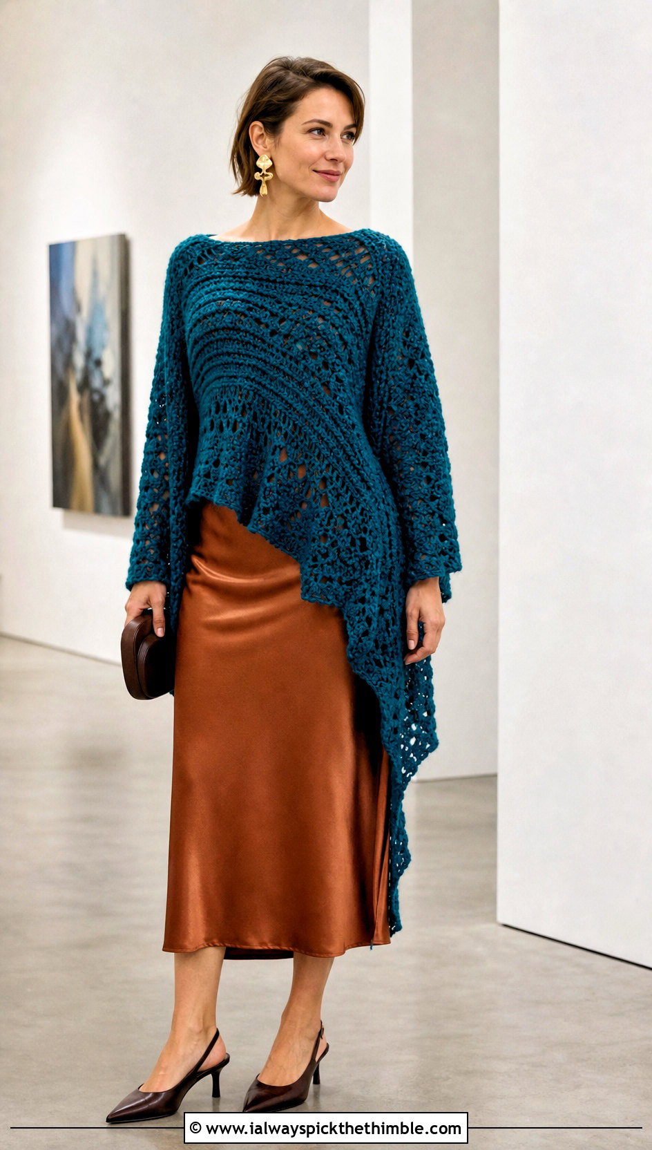 Asymmetrical Freeform Crochet Sweater With Satin Midi Skirt - 20 freeform crochet sweater outfit ideas