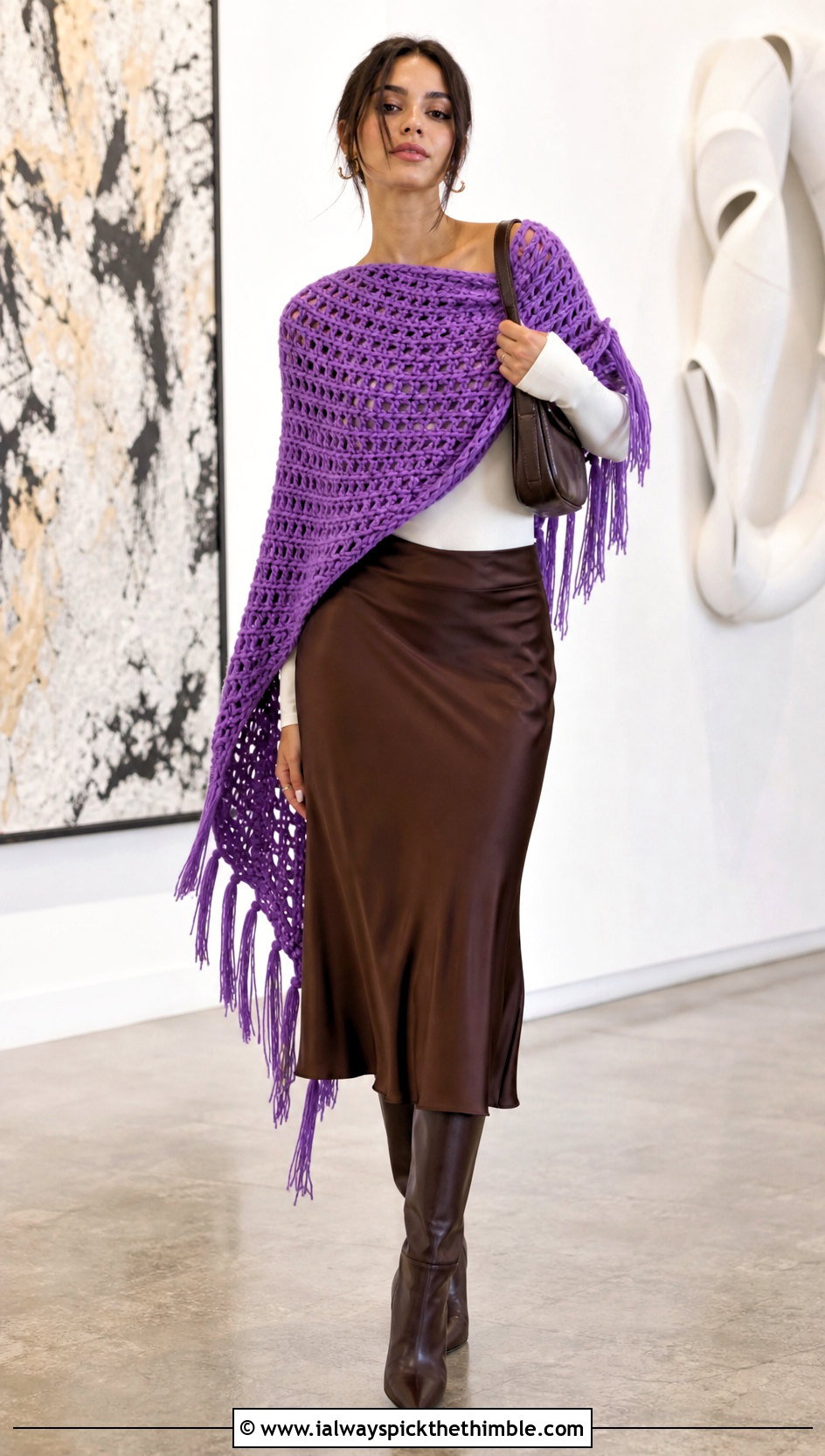 Asymmetrical Fringe Chunky Crochet Poncho With Satin Midi Skirt - 20 Chunky Crochet Poncho outfit ideas