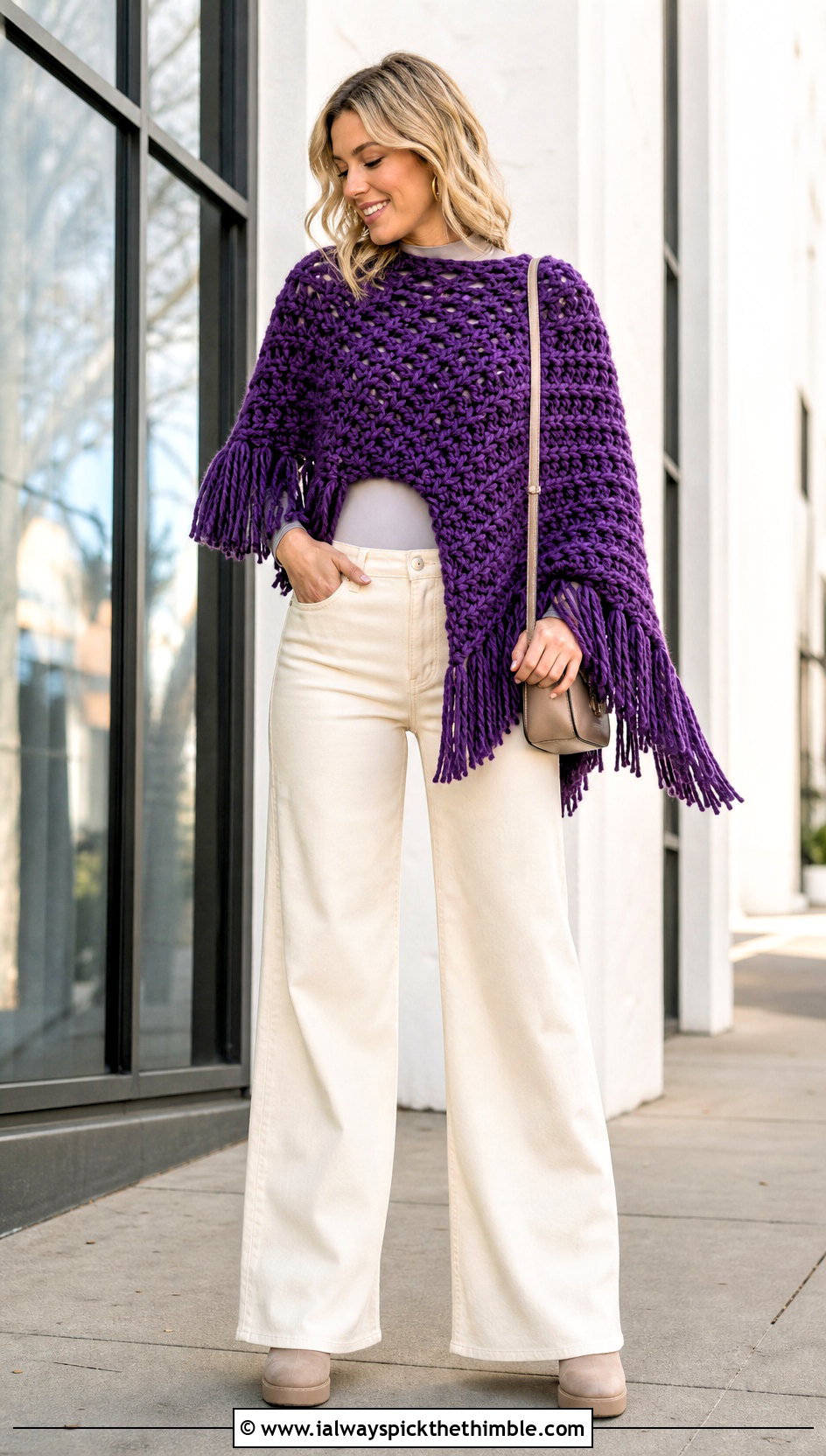 Asymmetrical Fringe Chunky Yarn Crochet Poncho With Wide Leg Jeans - 20 Chunky Yarn Crochet Poncho outfit ideas