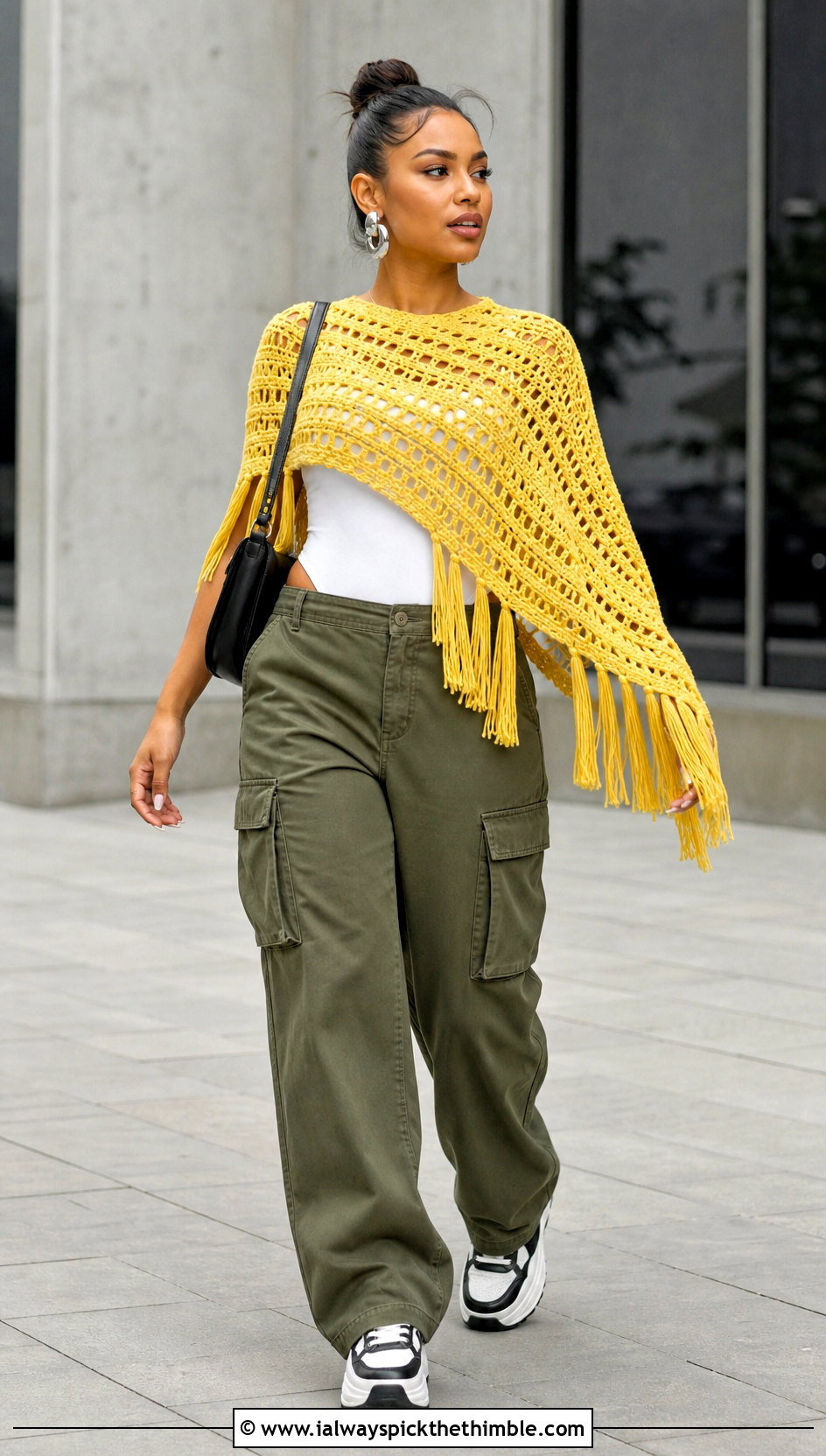 Asymmetrical Fringe Crochet Poncho With Cargo Pants - 20 crochet poncho for women outfit ideas