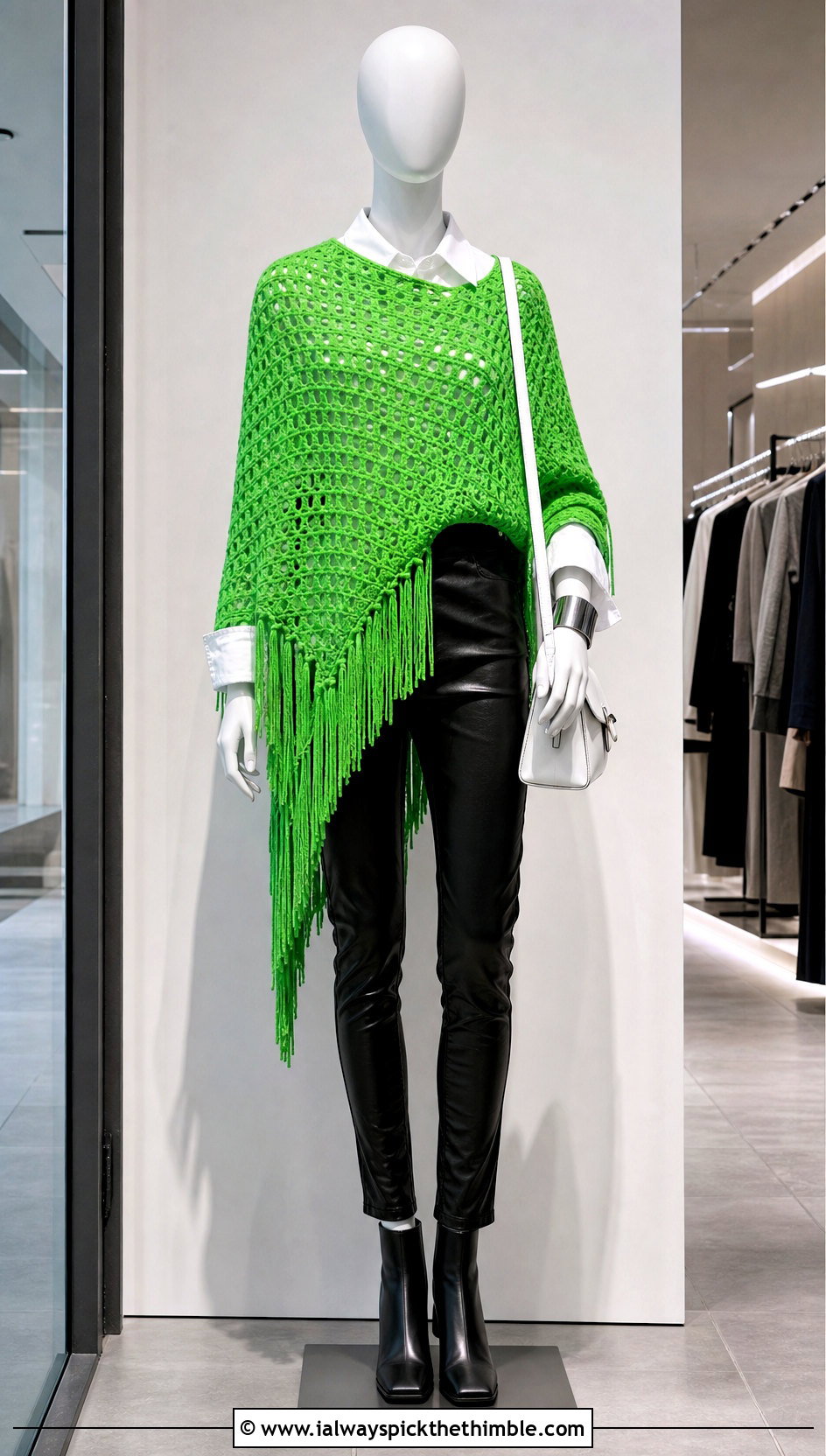 Asymmetrical Fringe Crochet Poncho With Leather Pants - 15 crochet poncho on mannequin outfit ideas