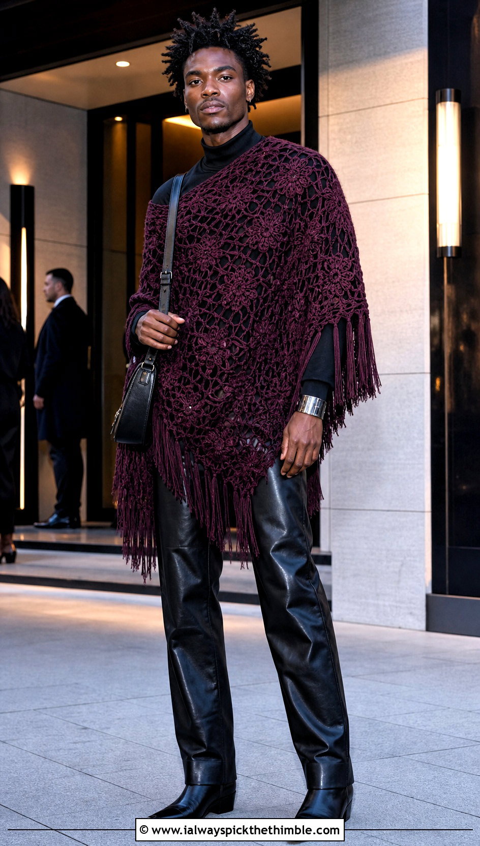 Asymmetrical Fringe Crochet Poncho With Leather Pants - 20 crochet men's poncho outfit ideas