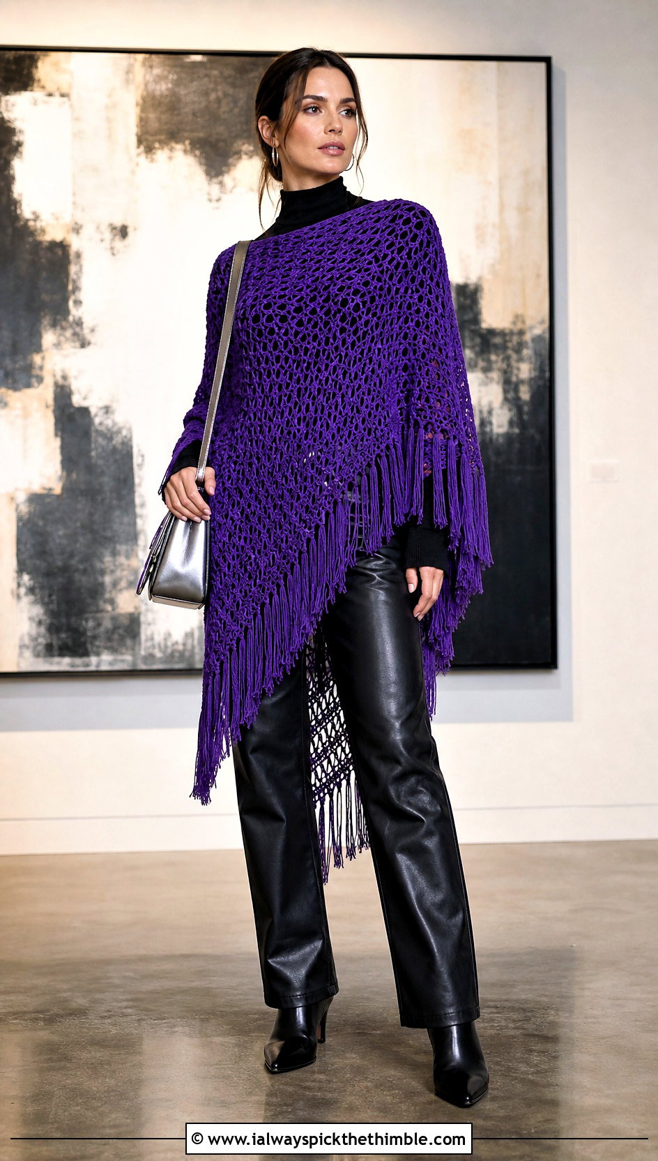 Asymmetrical Fringe Crochet Poncho With Leather Pants - 20 ladies crochet poncho outfit ideas