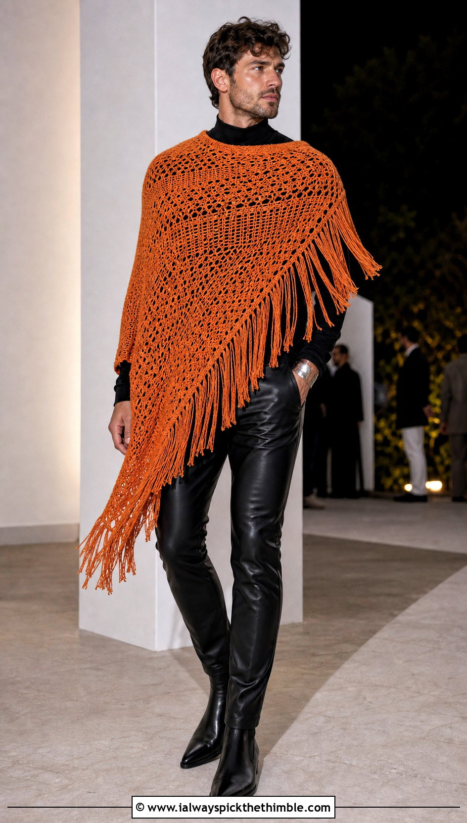 Asymmetrical Fringe Crochet Poncho With Leather Pants - 20 mens crochet poncho outfit ideas