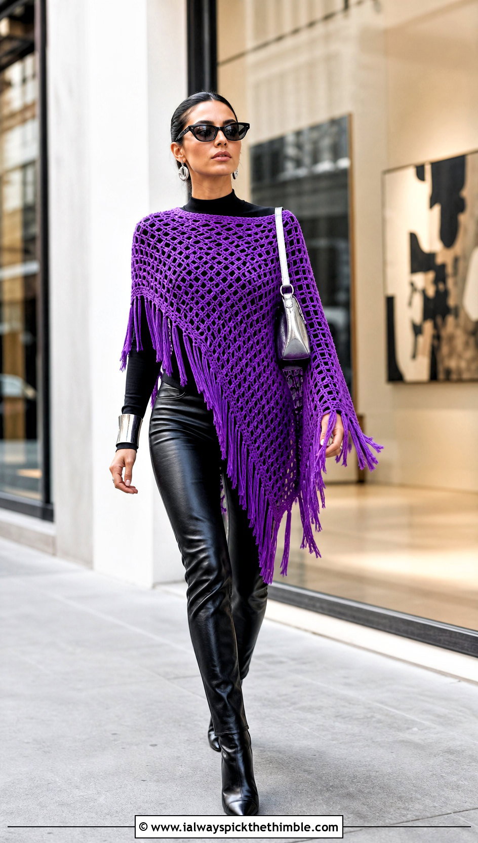 Asymmetrical Fringe Crochet Poncho With Leather Pants - 15 Crochet For Ponchos For Women outfit ideas