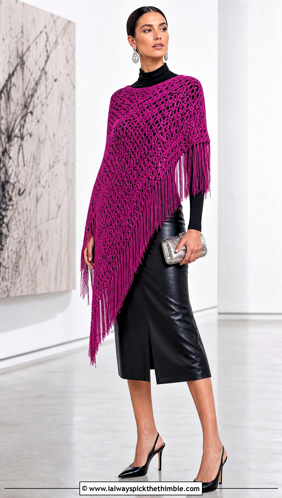 Asymmetrical Fringe Crochet Poncho With Leather Skirt - 20 Beginner Crochet Poncho outfit ideas