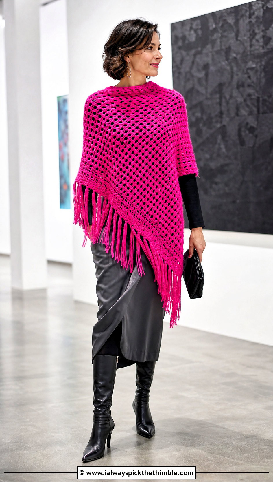 Asymmetrical Fringe Crochet Poncho With Satin Midi Skirt - 15 Winter Crochet Poncho outfit ideas