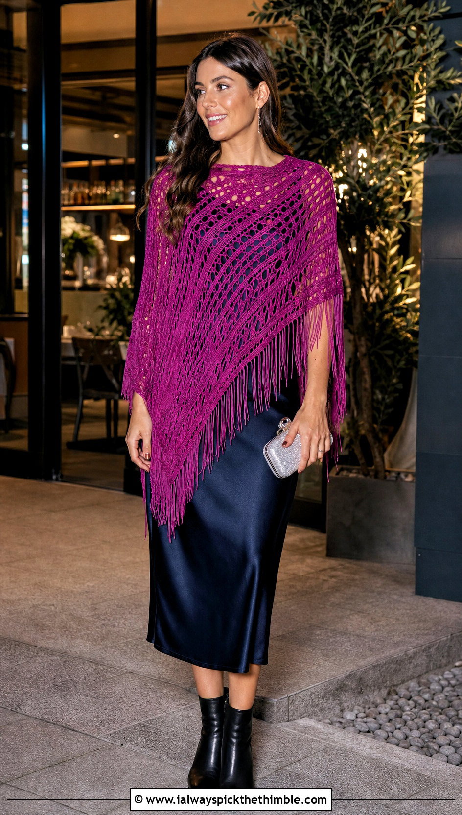 Asymmetrical Fringe Crochet Poncho With Slip Dress - 20 Crochet Fall Poncho outfit ideas