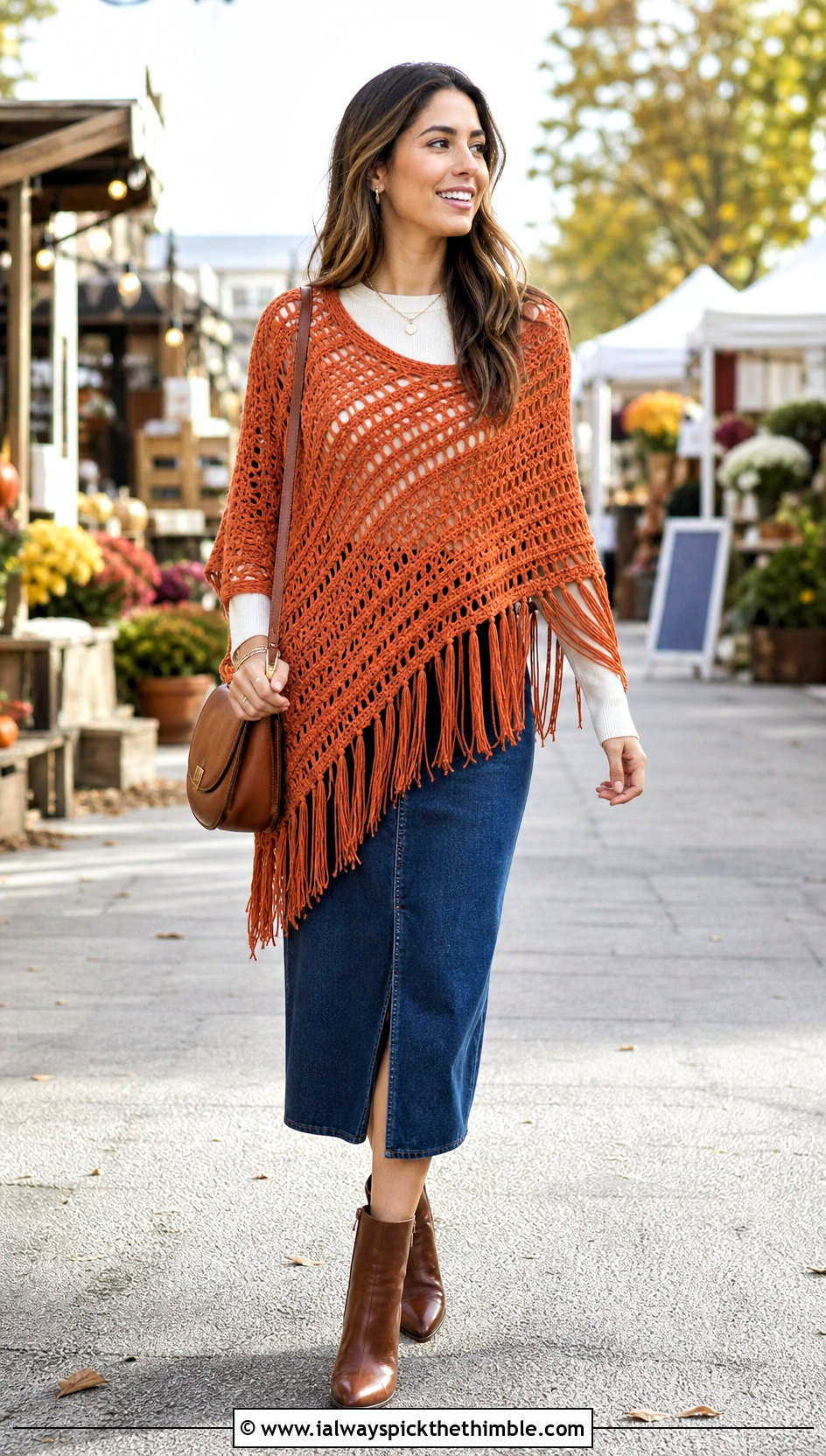 Asymmetrical Fringe Crocheted Poncho With Denim Skirt - 15 Crocheted Poncho outfit ideas