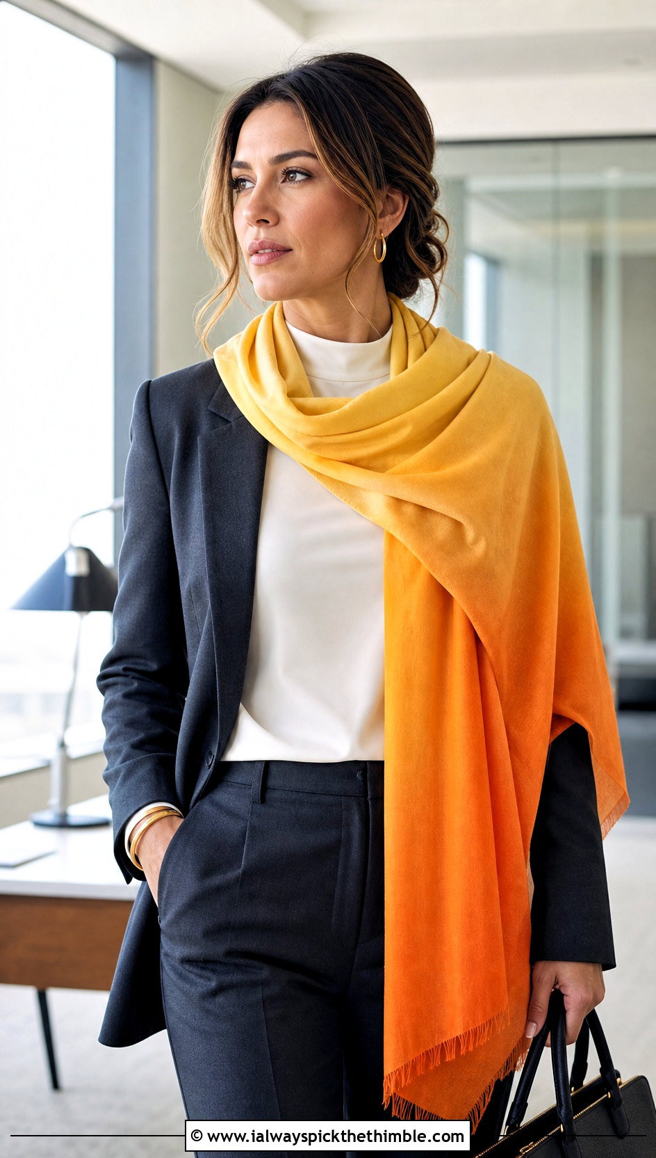 Asymmetrical Gradient Shawl With Blazer And Trousers - 15 Crochet Gradient Shawl outfit ideas