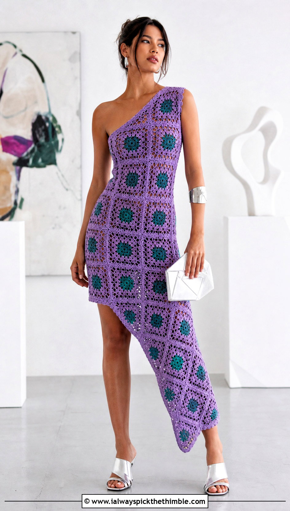 Asymmetrical Granny Square Dress With Sculptural Mules - 25 granny square dress outfit ideas
