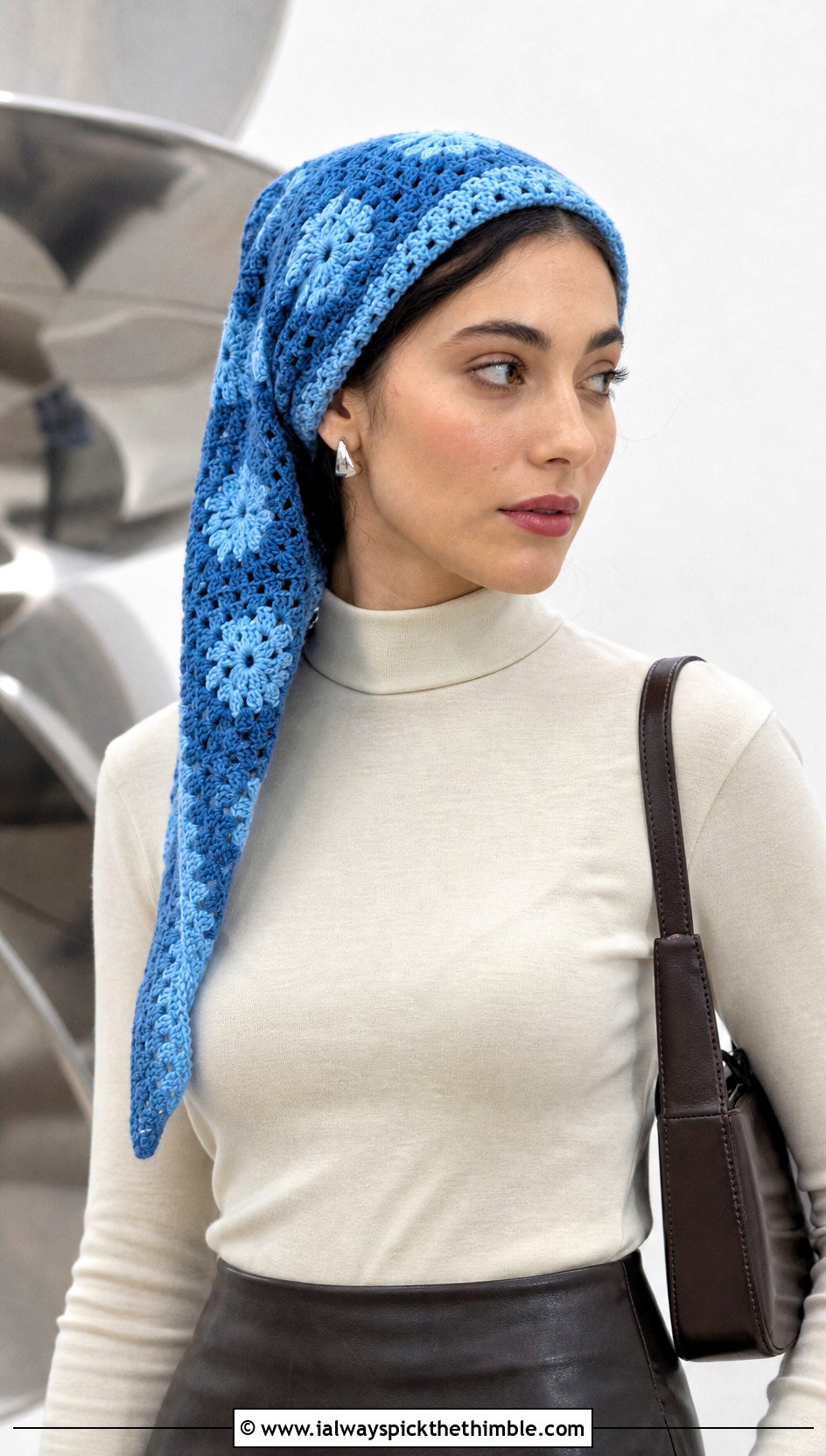 Asymmetrical Granny Square Head Scarf With Leather Skirt - 25 granny square head scarf outfit ideas