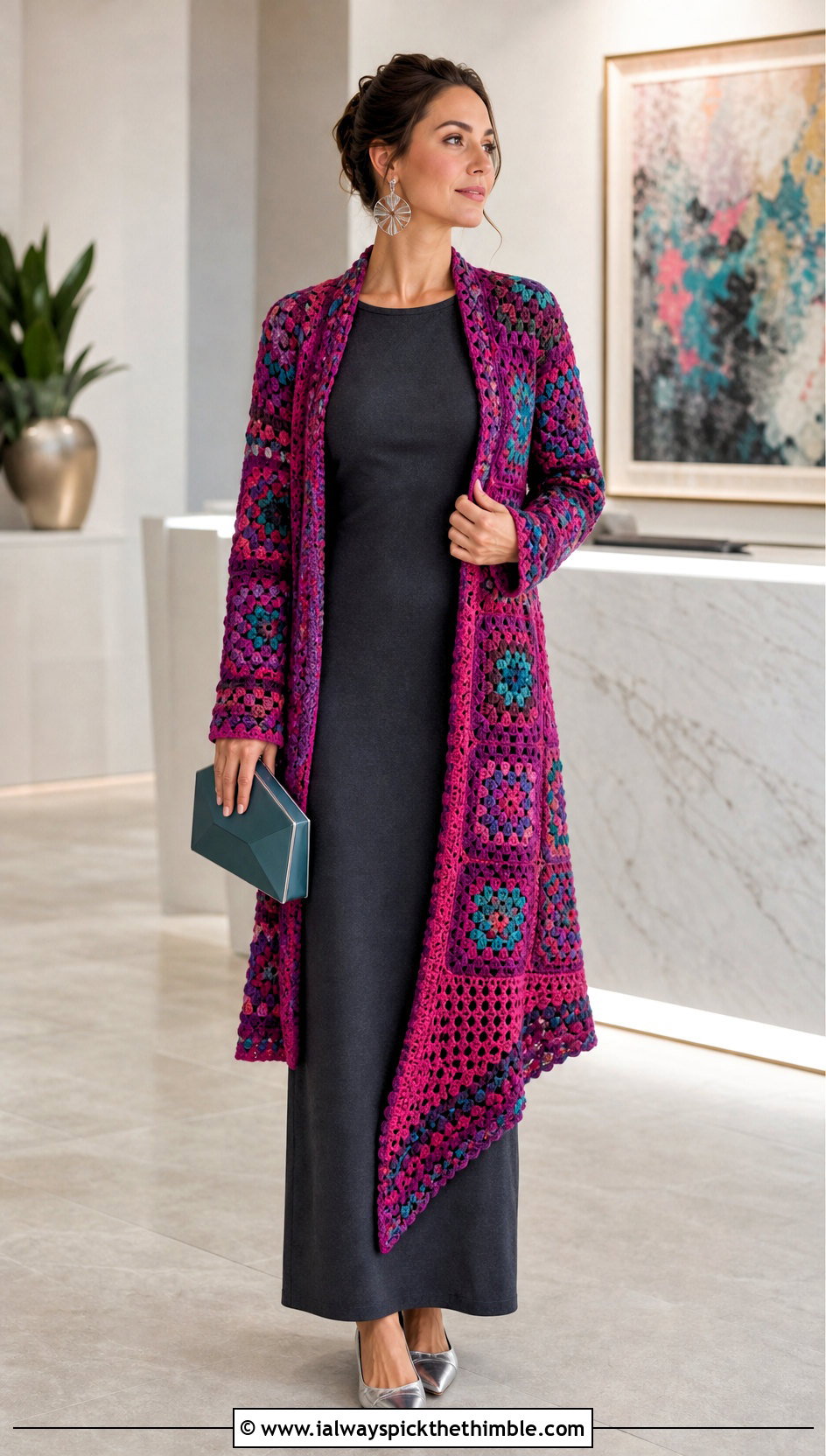 Asymmetrical Granny Square Long Cardigan With Tailored Maxi Dress - 25 long granny square cardigan outfit ideas