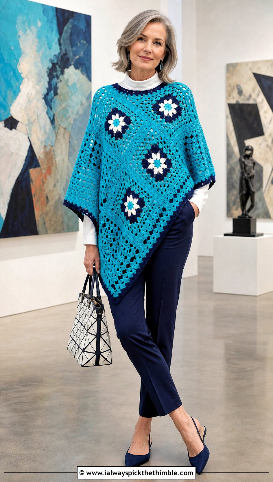 Asymmetrical Granny Square Poncho With Cigarette Pants - 25 crochet granny square poncho outfit ideas