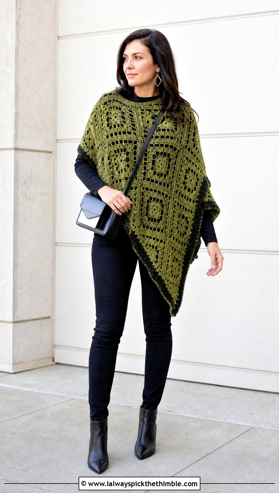 Asymmetrical Granny Square Poncho With Skinny Jeans - 15 easy granny square poncho outfit ideas