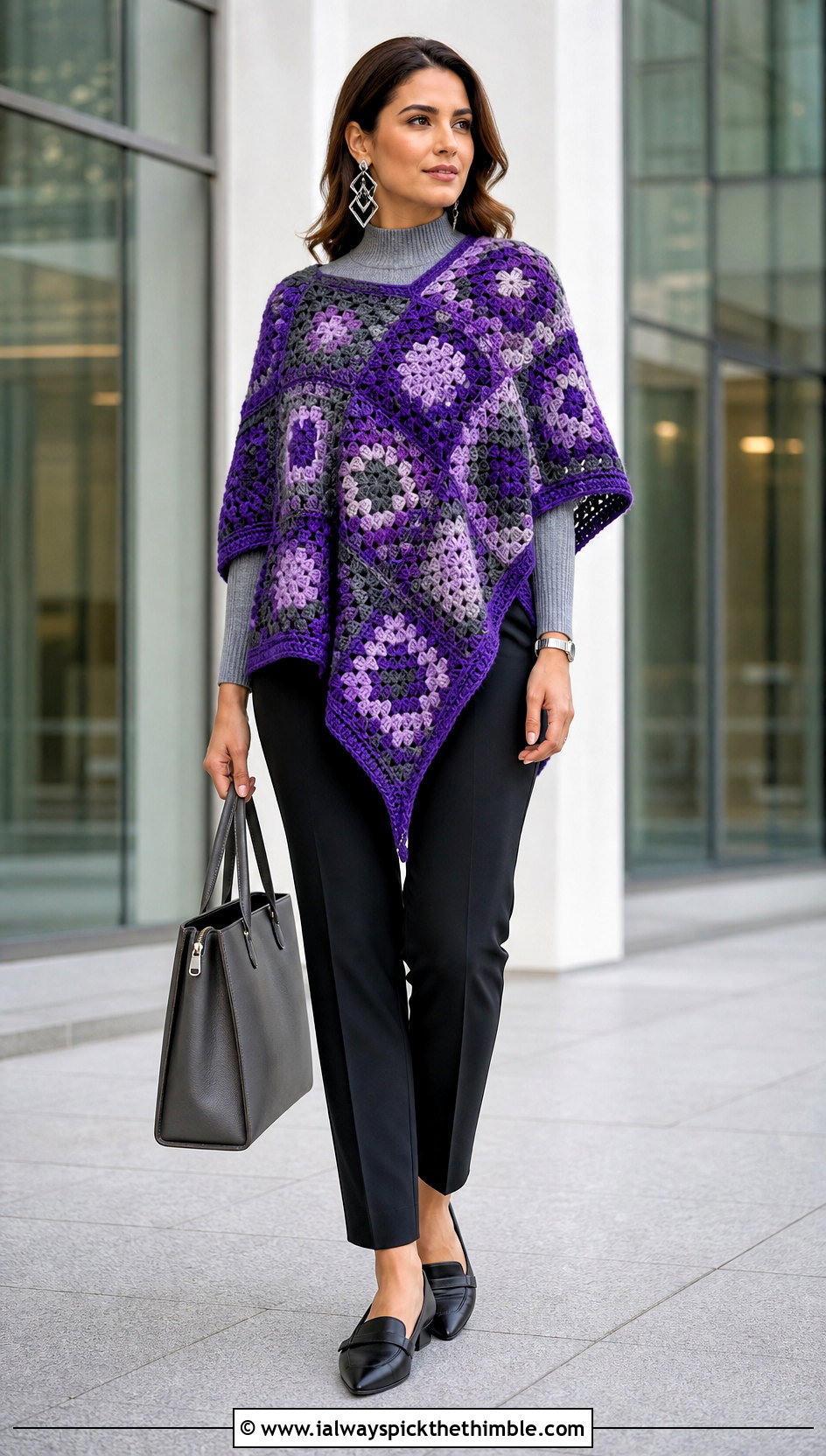 Asymmetrical Granny Square Poncho With Slim Trousers - 20 Granny Squares Poncho outfit ideas