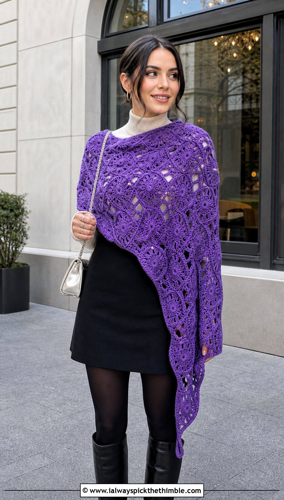 Asymmetrical Granny Square Shawl With Mini Skirt - 25 granny square shawl outfit ideas