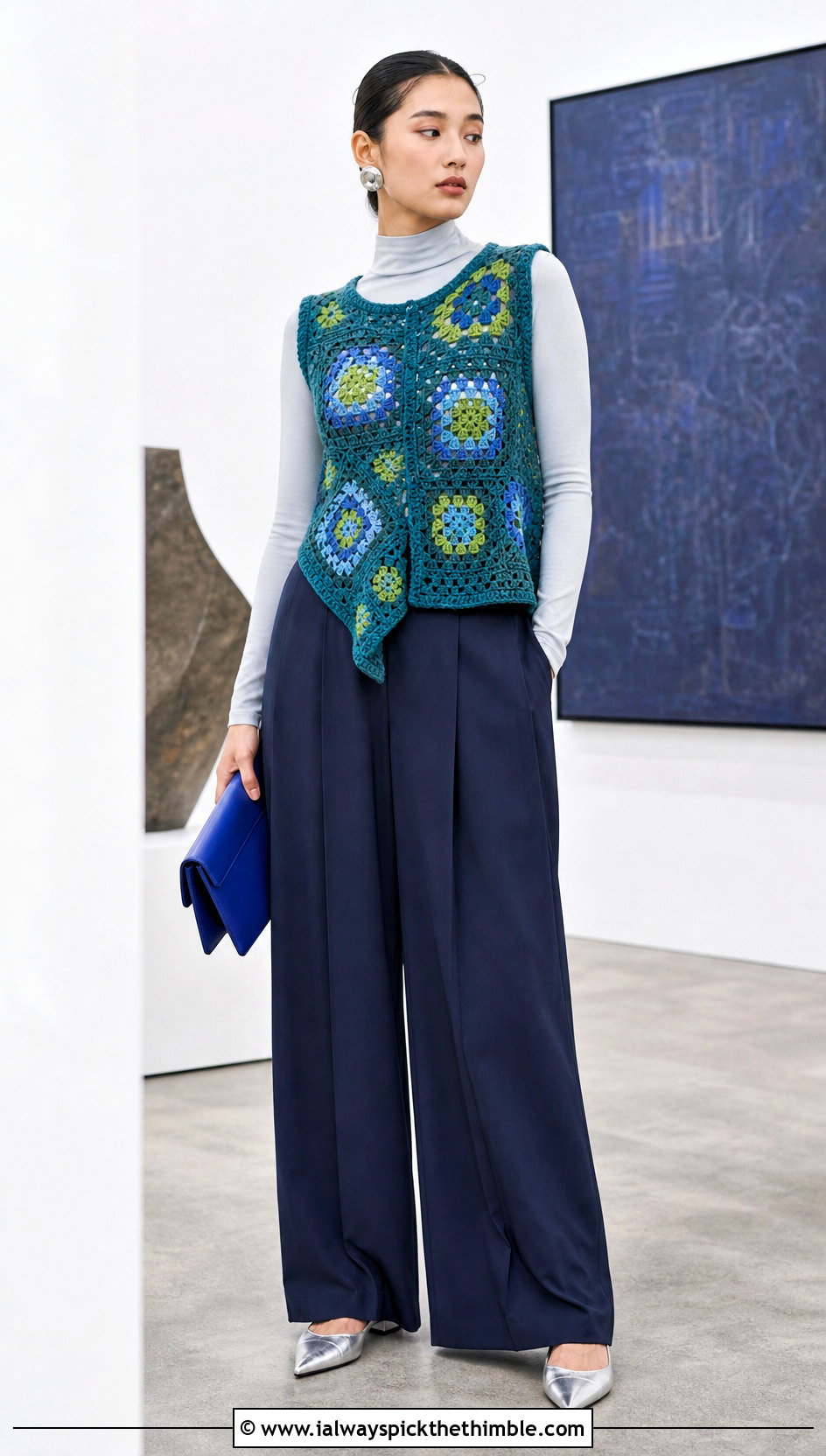 Asymmetrical Granny Square Sleeveless Vest With Pleated Trousers - 20 Granny Square Sleeveless Vest outfit ideas