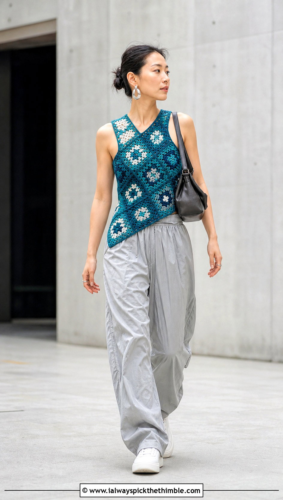 Asymmetrical Granny Square Tank Top With Parachute Pants - 20 Crochet Granny Square Tank Top outfit ideas
