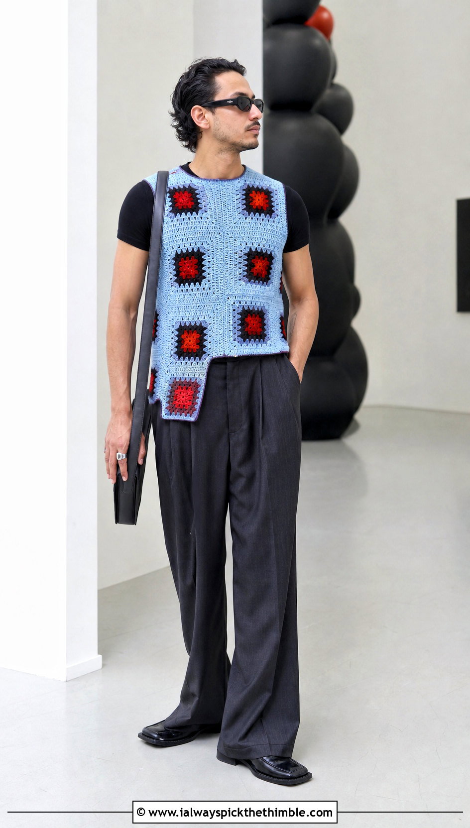 Asymmetrical Granny Square Vest With Black Tee And Pleated Trousers - 20 crochet granny square mens vest outfit ideas