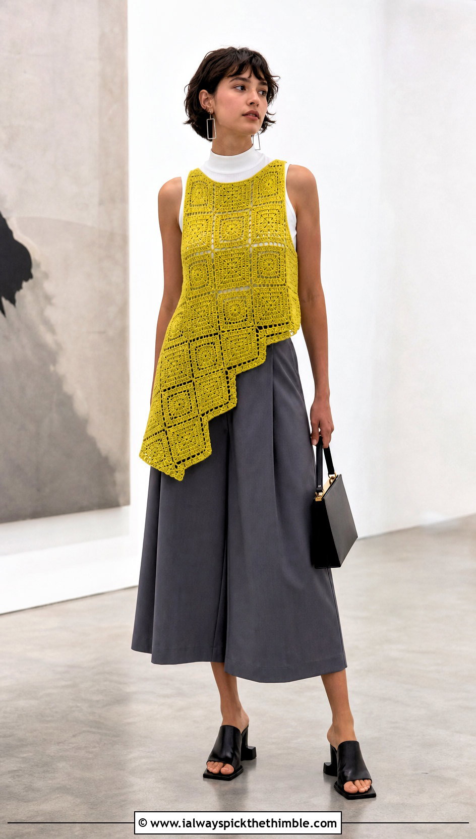 Asymmetrical Granny Square Vest With Wide Leg Culottes - 25 granny square vest outfit ideas