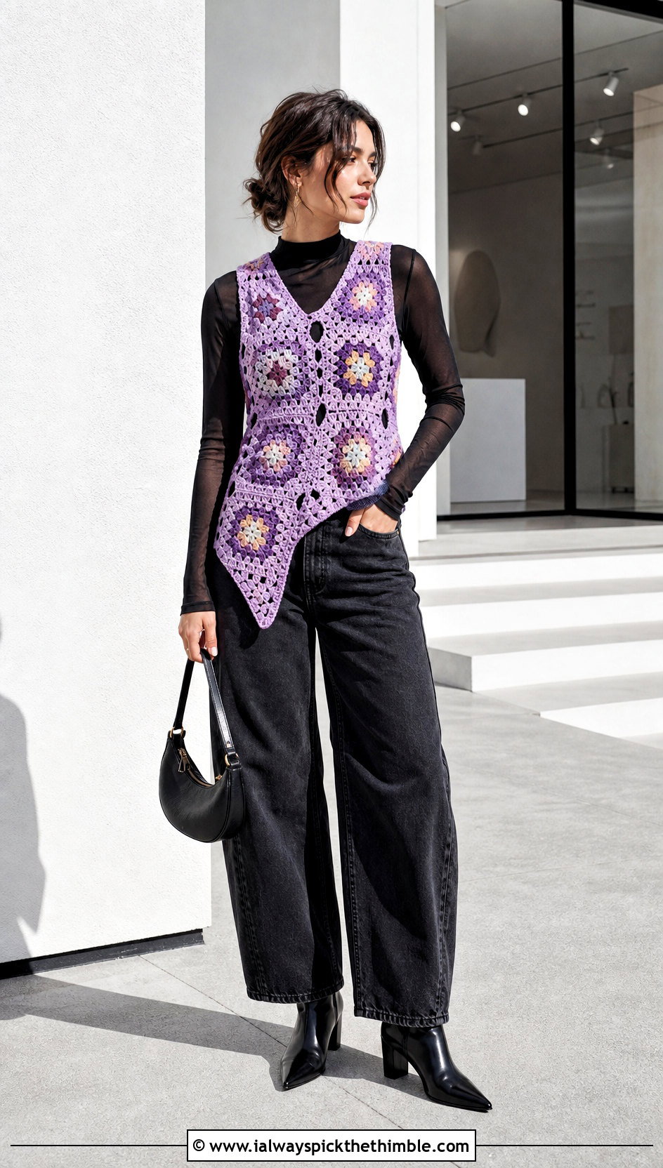 Asymmetrical Granny Square Waistcoat With Barrel Jeans - 25 granny square waistcoat outfit ideas
