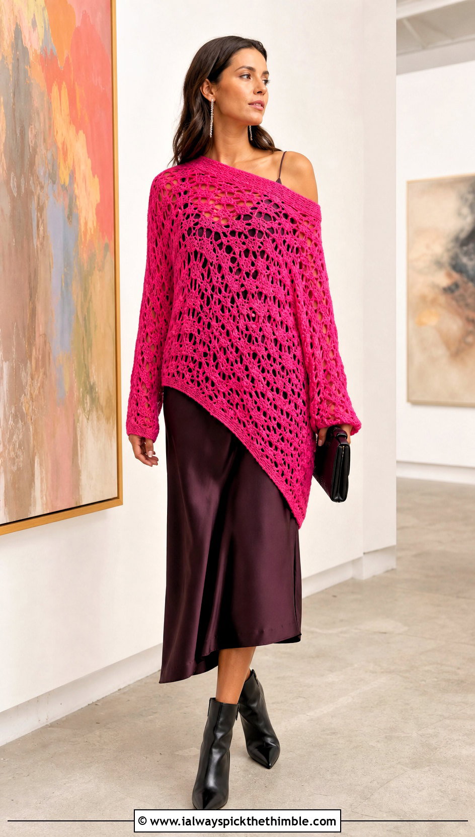 Asymmetrical Hem Crochet Sweater With Slip Dress - 25 oversized crochet sweater outfit ideas