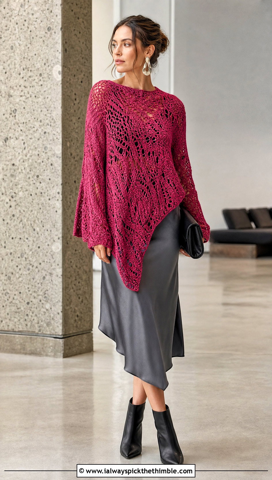 Asymmetrical Hem Slouchy Crochet Sweater With Satin Skirt - 20 slouchy crochet sweater outfit ideas