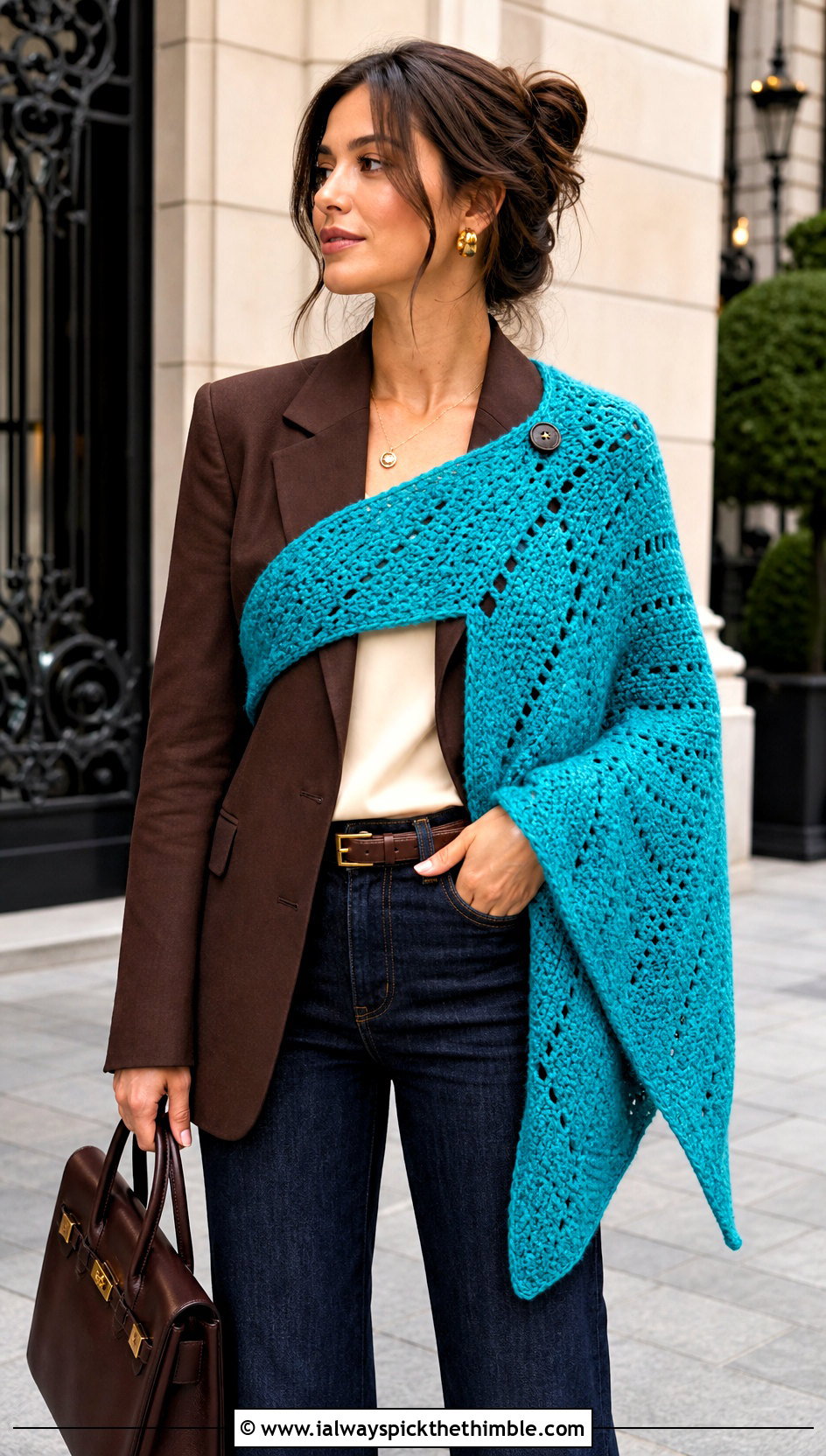 Asymmetrical Hexagon Shawl With Blazer And Jeans - 20 Crochet Hexagon Shawl outfit ideas