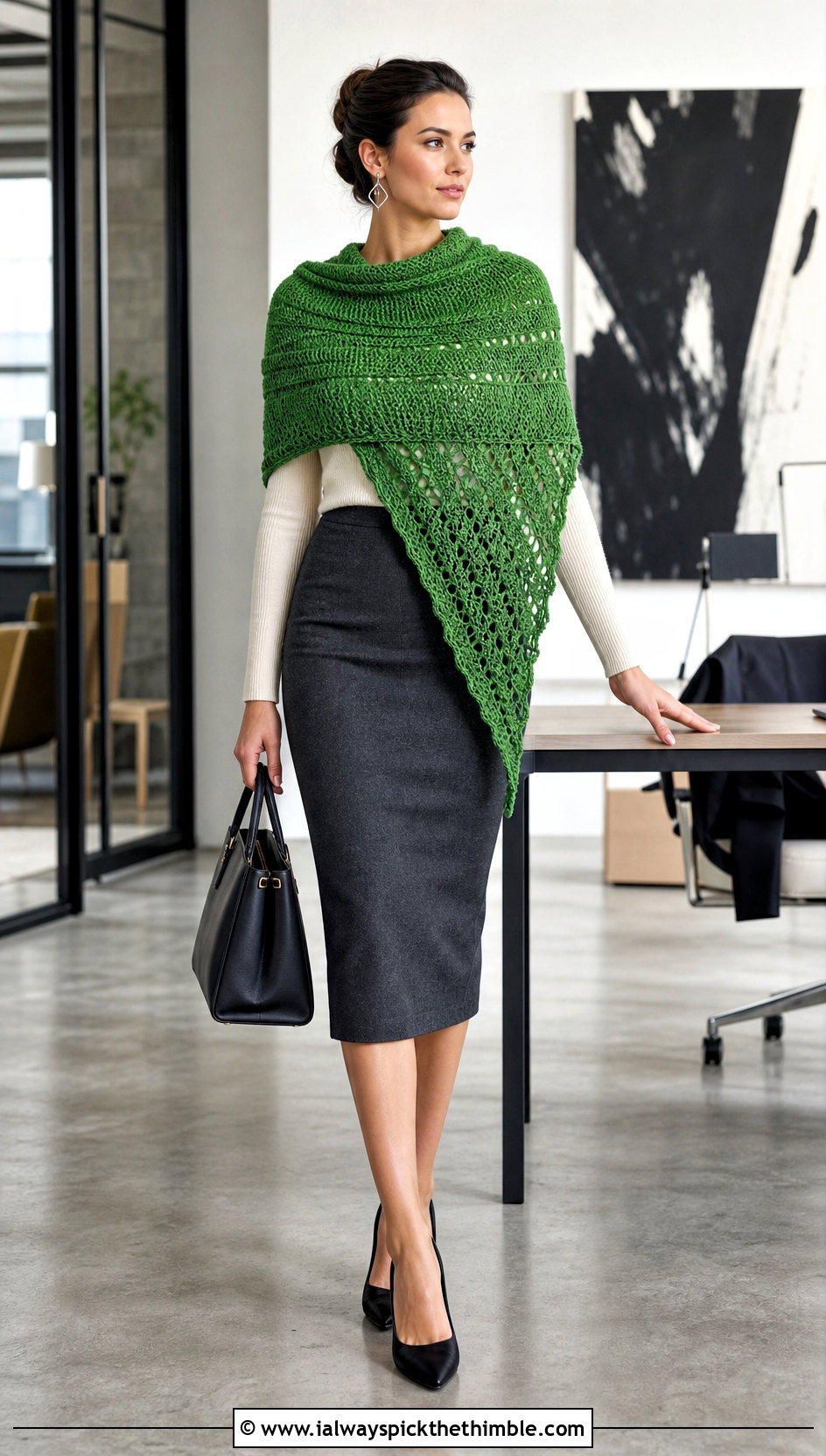 Asymmetrical Highlander Shawl With Pencil Skirt - 20 Crochet Highlander Shawl outfit ideas