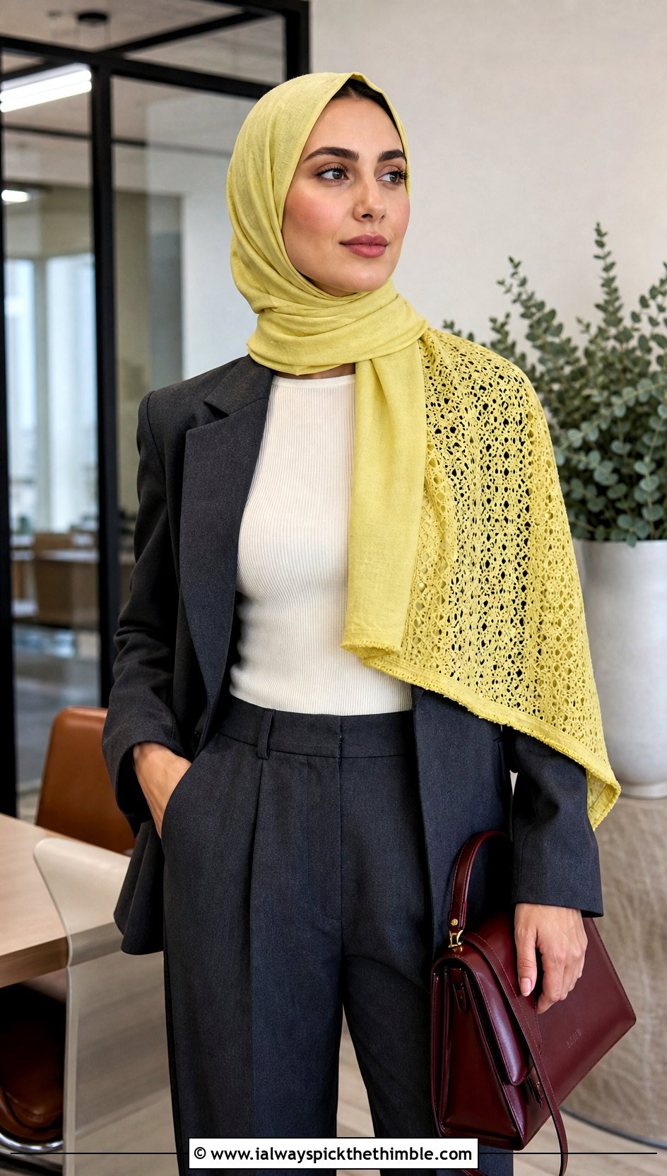 Asymmetrical Hood Scarf With Pantsuit - 25 crochet hood scarf outfit ideas