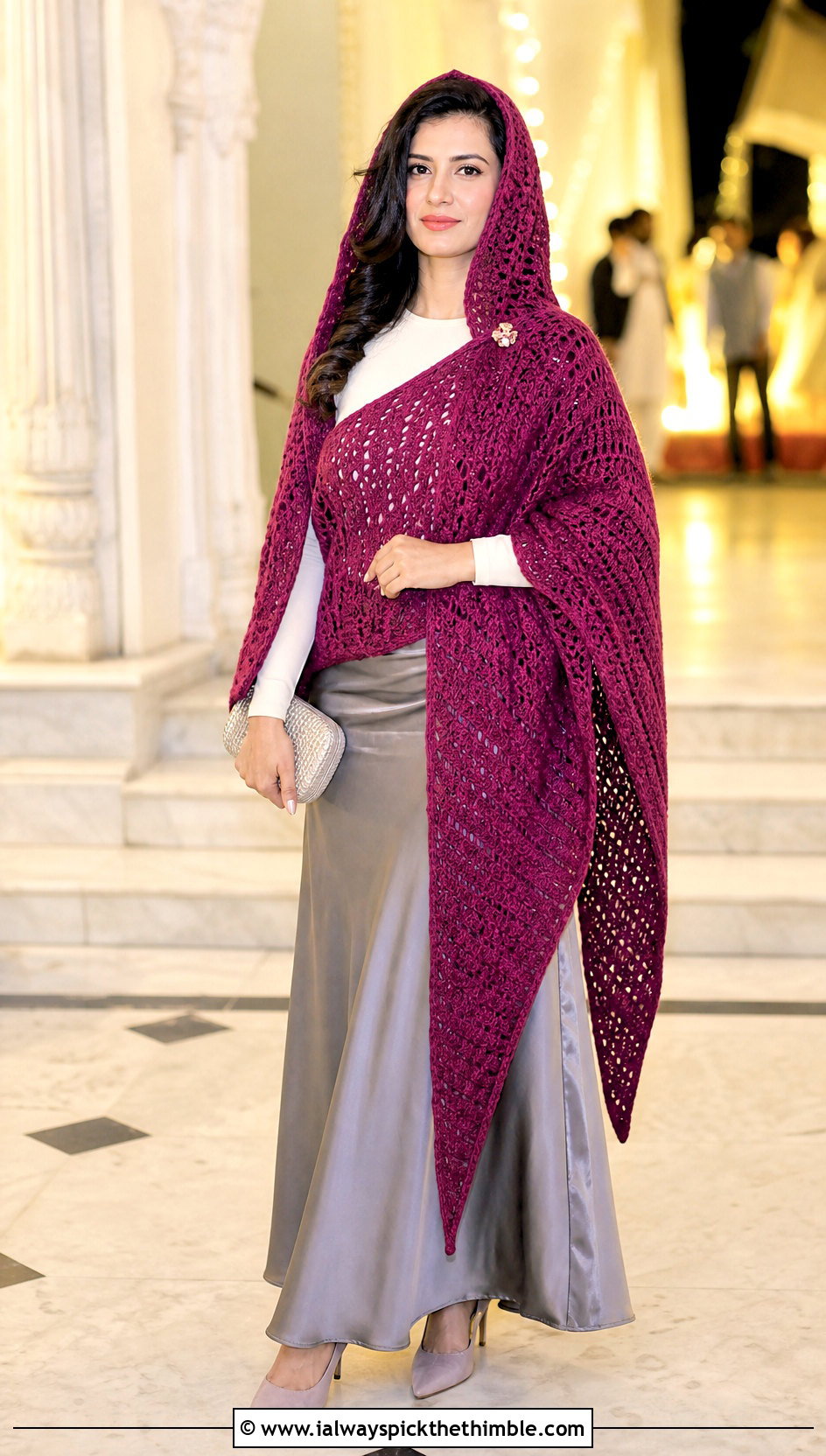 Asymmetrical Hooded Crochet Ruana With Satin Maxi Skirt - 20 Hooded Crochet Ruana outfit ideas