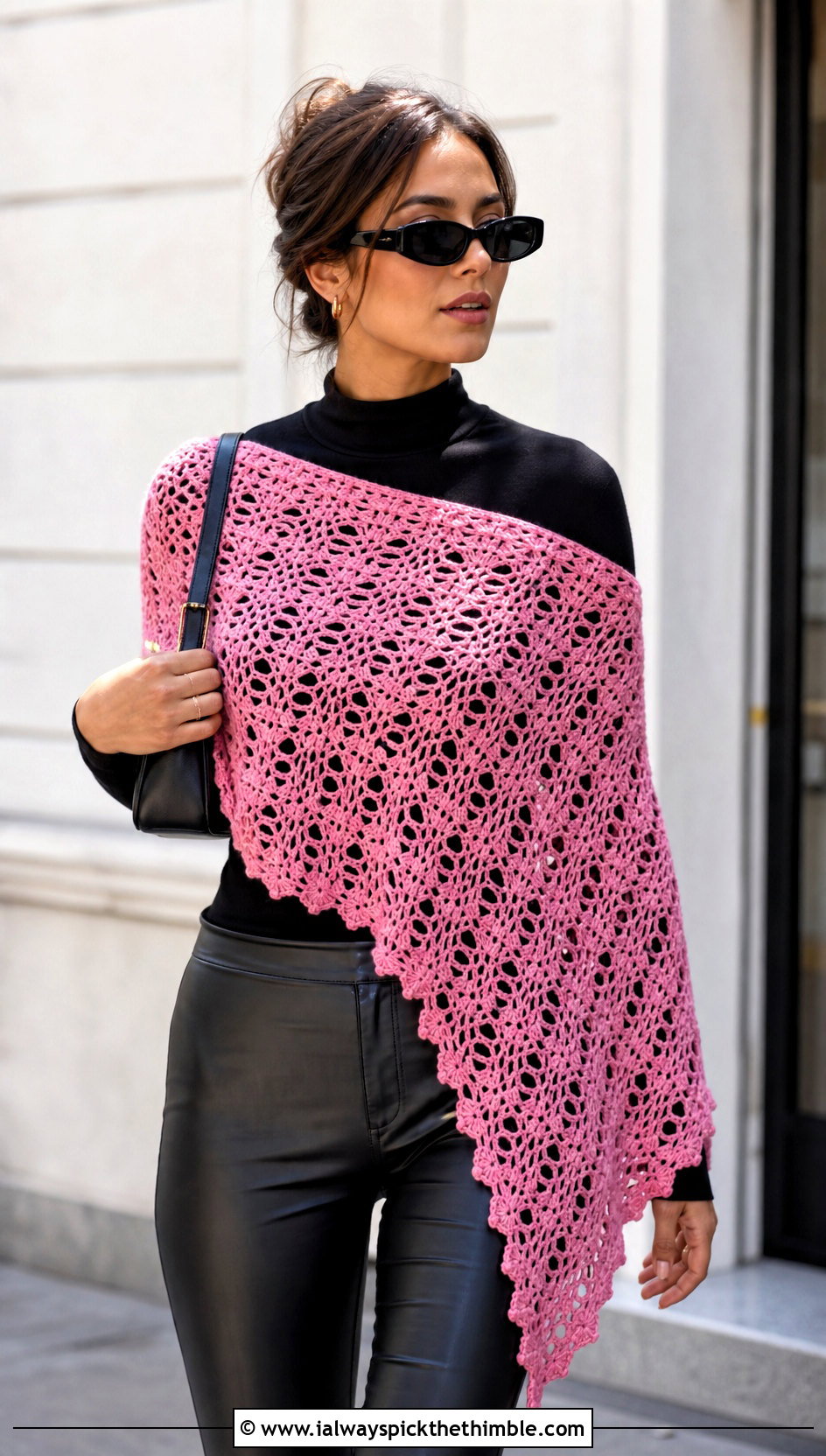 Asymmetrical Lace Crochet Shawl With Leather Pants - 20 Lace Crochet Shawl outfit ideas