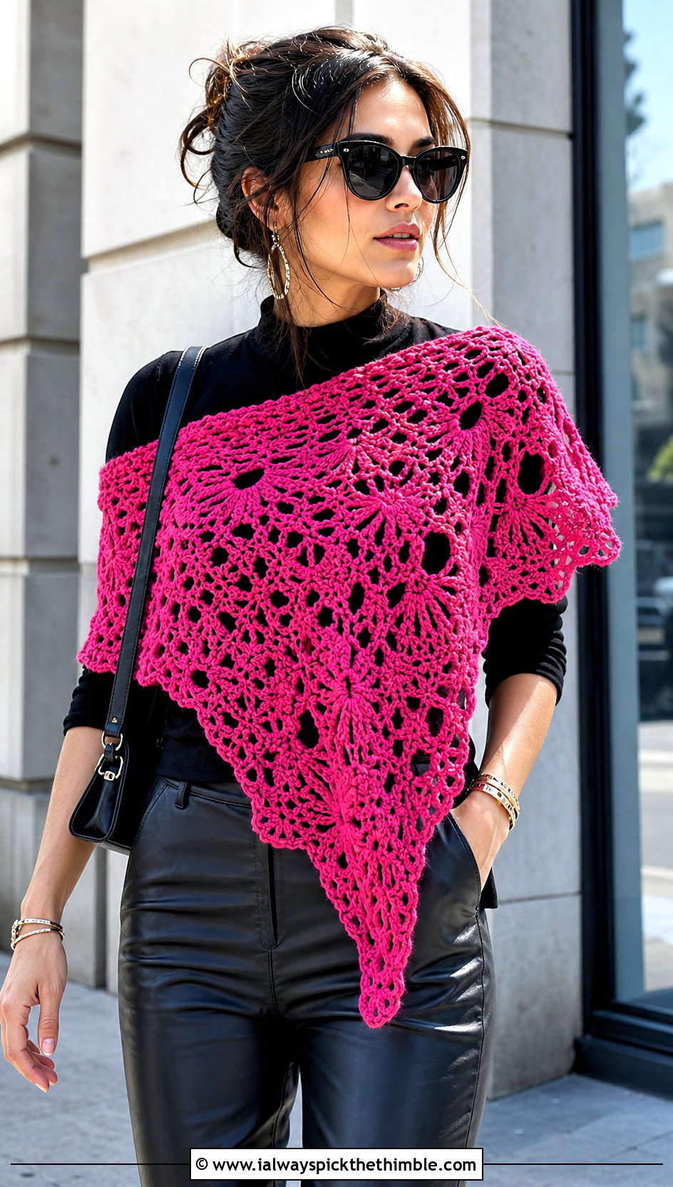 Asymmetrical Lace Crochet Shawl With Leather Pants - 15 Easy Lacy Crochet Shawl outfit ideas