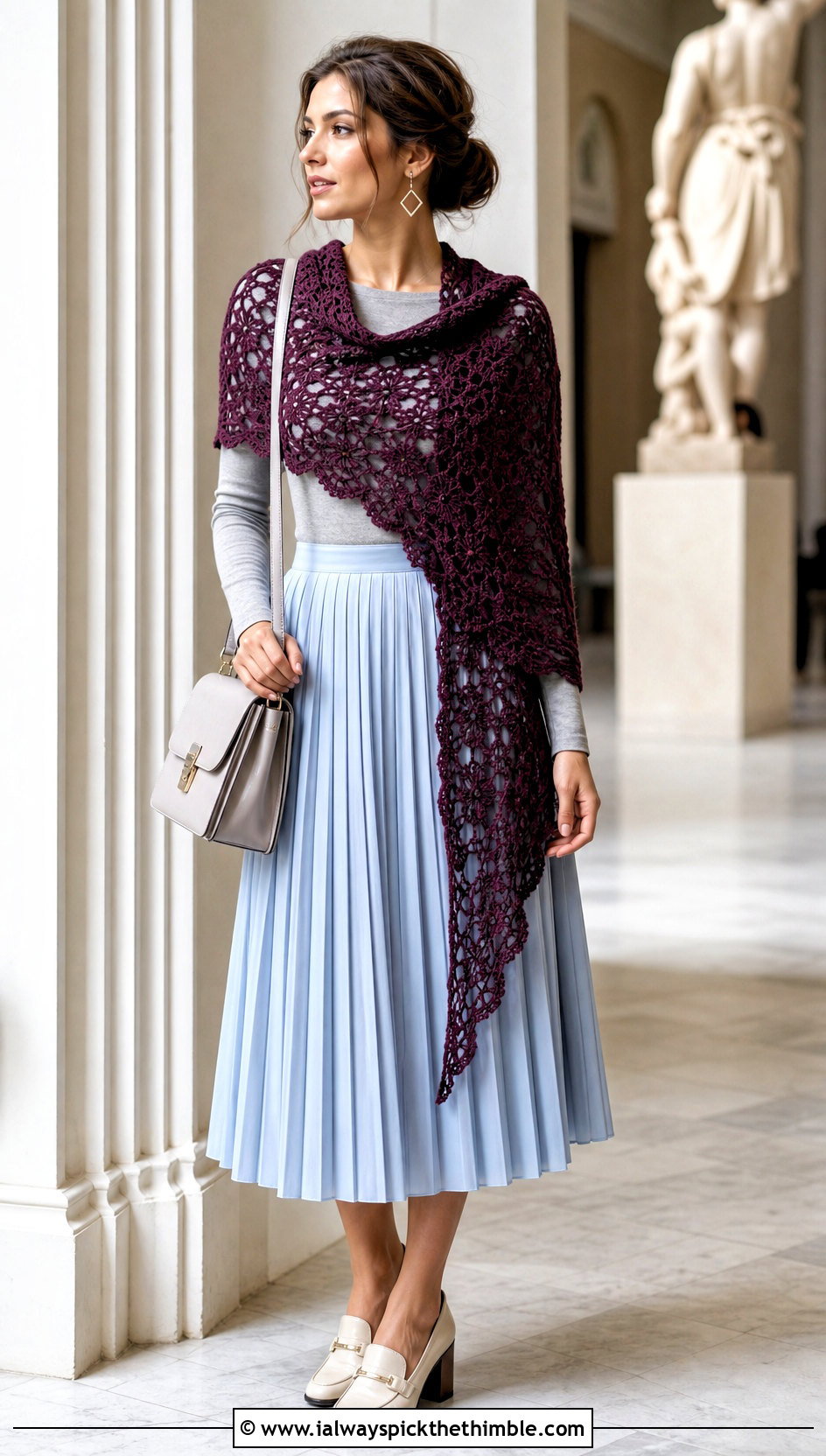 Asymmetrical Lace Crochet Shawl With Pleated Midi Skirt - 20 Lacey Crochet Shawls outfit ideas