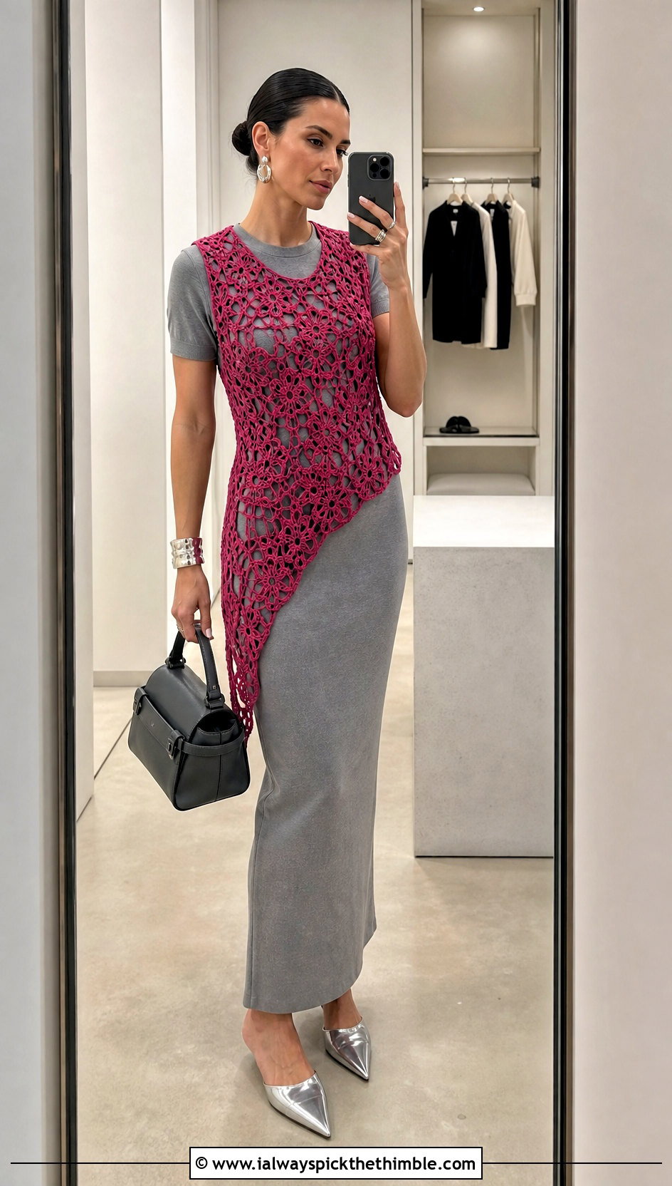 Asymmetrical Lace Crochet Vest With a Knit Skirt Set - 20 Lacy Crochet Vest outfit ideas