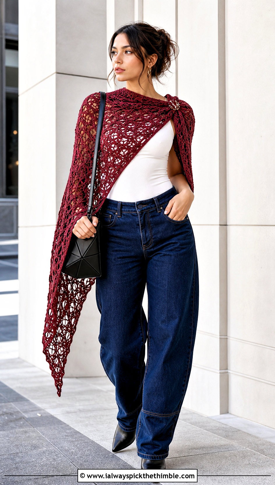 Asymmetrical Lace Shawl With Bodysuit And Barrel Jeans - 25 lacy crochet shawl outfit ideas