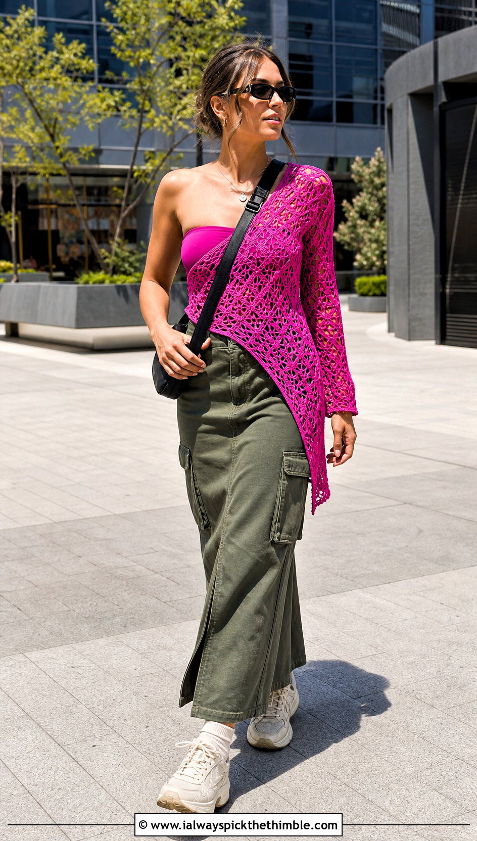 Asymmetrical Lacy Crochet Top With Cargo Maxi Skirt - 25 lacy crochet top outfit ideas