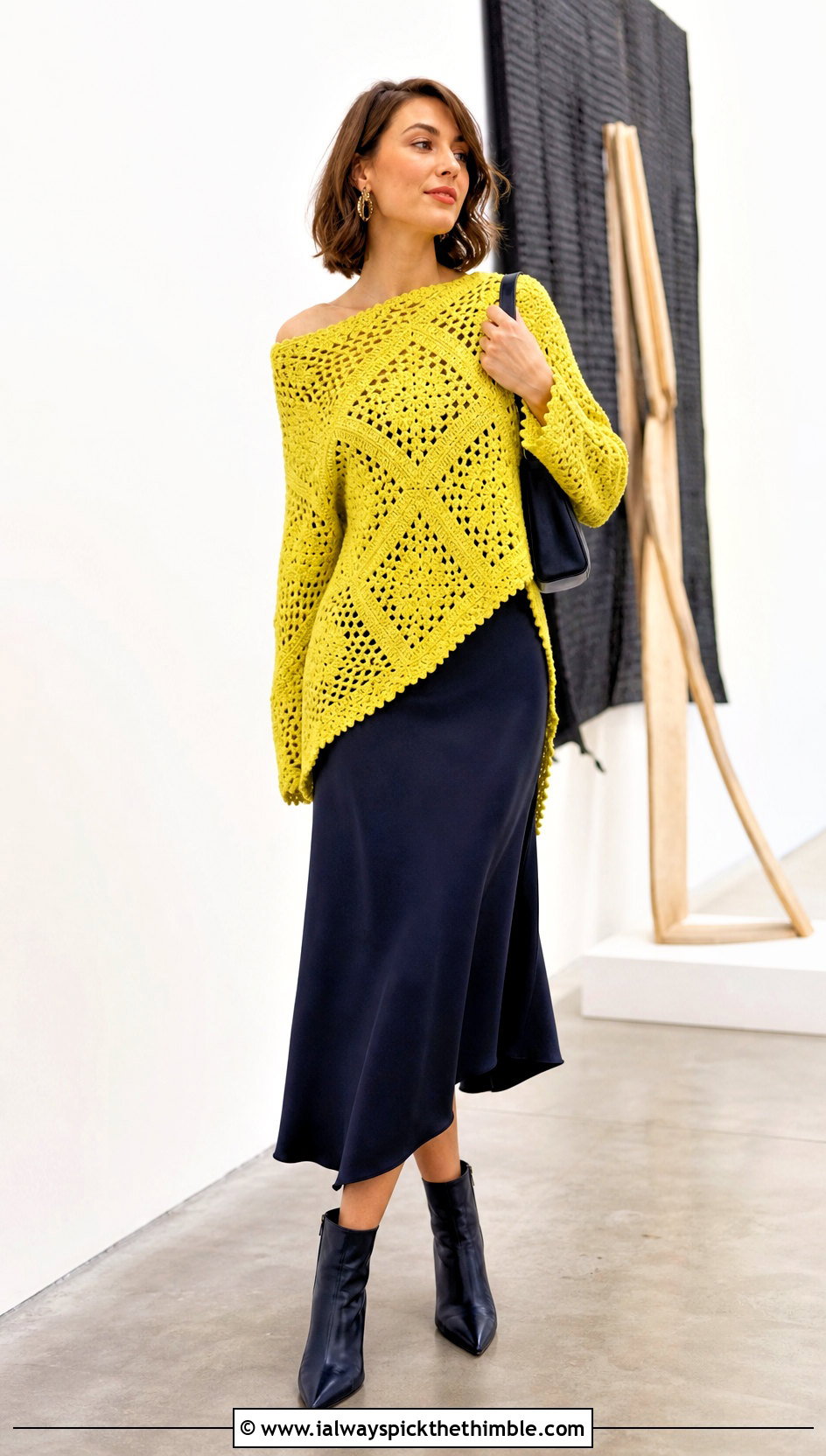 Asymmetrical Large Granny Square Sweater With Bias Cut Skirt - 25 large granny square sweater outfit ideas
