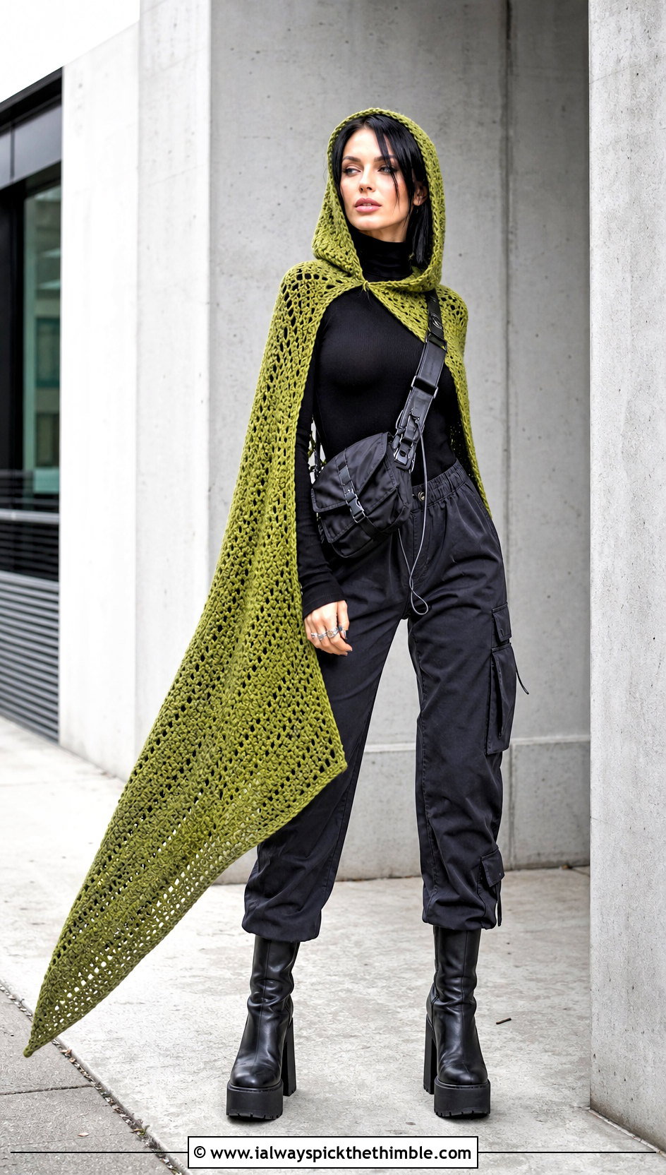 Asymmetrical Long Hooded Crochet Cape With Cargo Pants - 20 Long Hooded Crochet Cape outfit ideas
