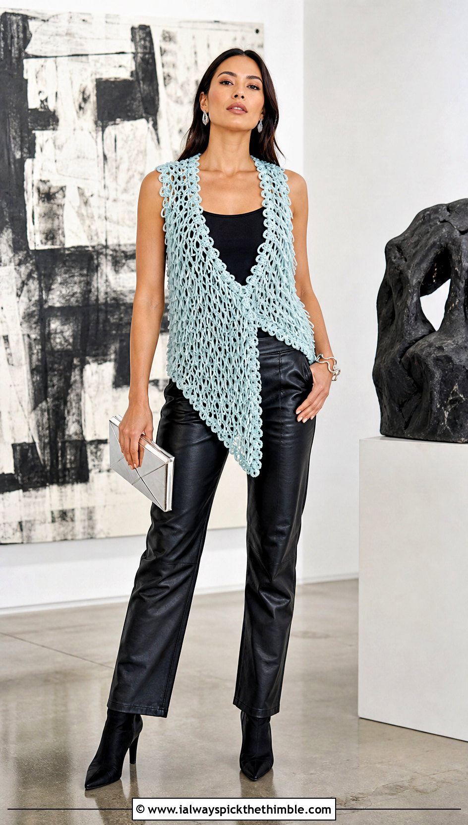 Asymmetrical Loopy Crochet Vest With Leather Pants - 15 loopy crochet vest outfit ideas