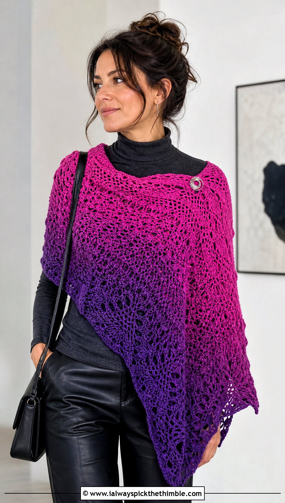 Asymmetrical Mandala Yarn Crochet Shawl With Leather Pants - 20 Mandala Yarn Crochet Shawl outfit ideas