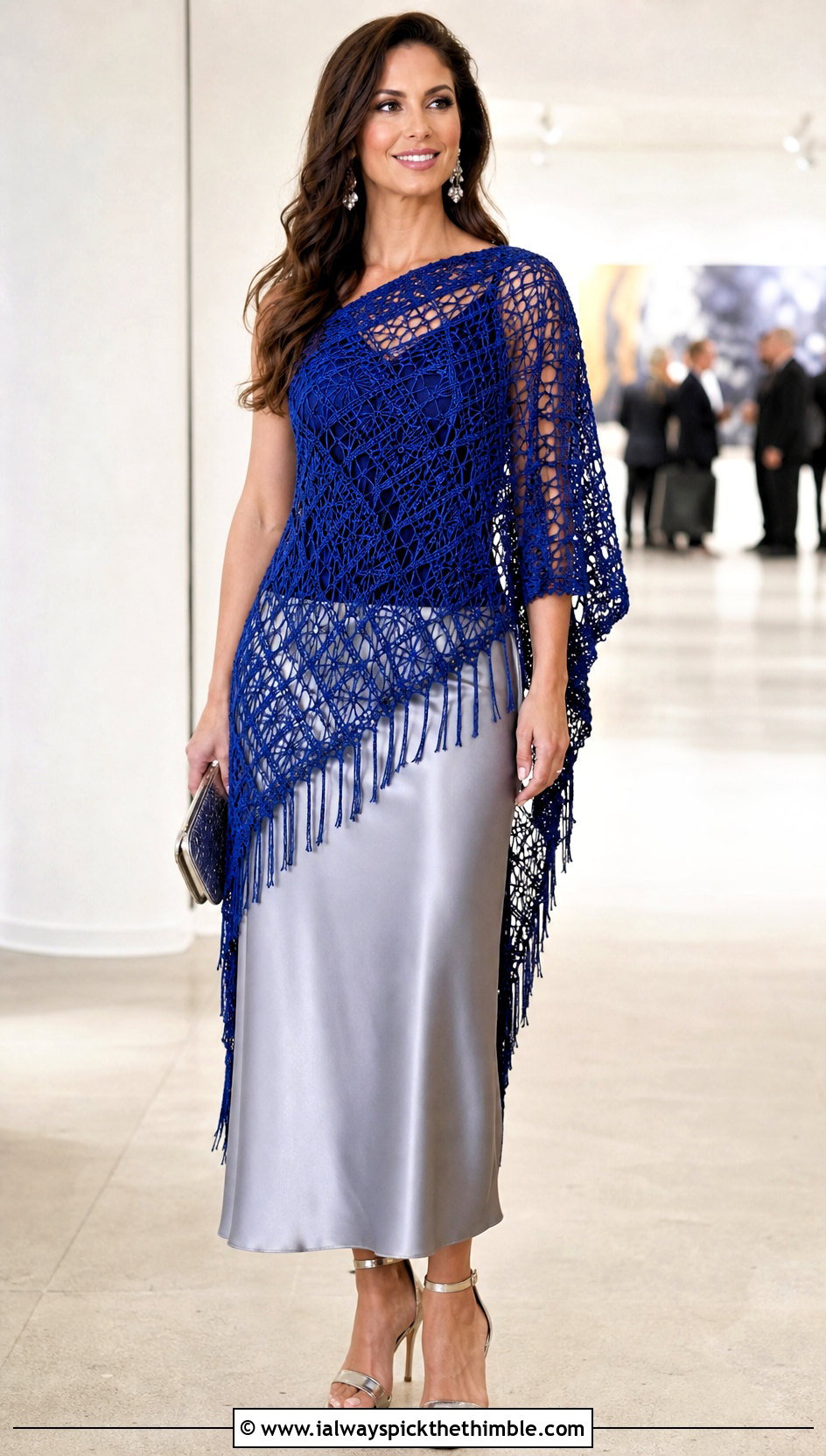 Asymmetrical Mesh Crochet Poncho With Satin Skirt - 15 Modern Crochet Poncho outfit ideas