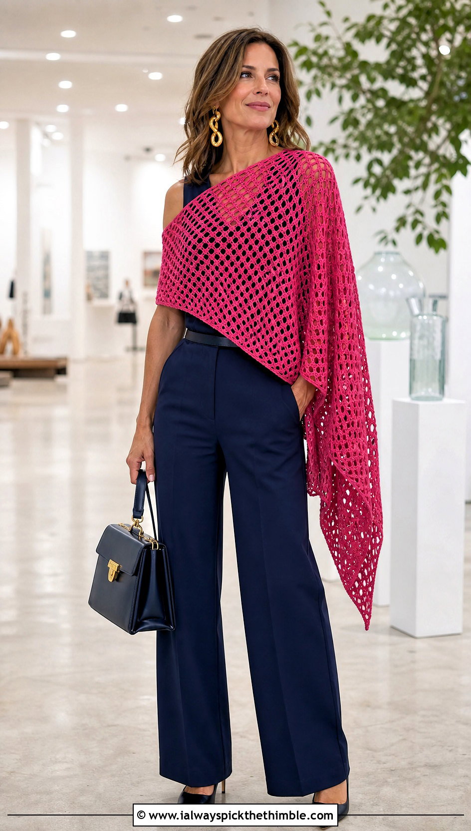 Asymmetrical Mesh Crochet Poncho With Tailored Jumpsuit - 20 Mesh Crochet Poncho outfit ideas