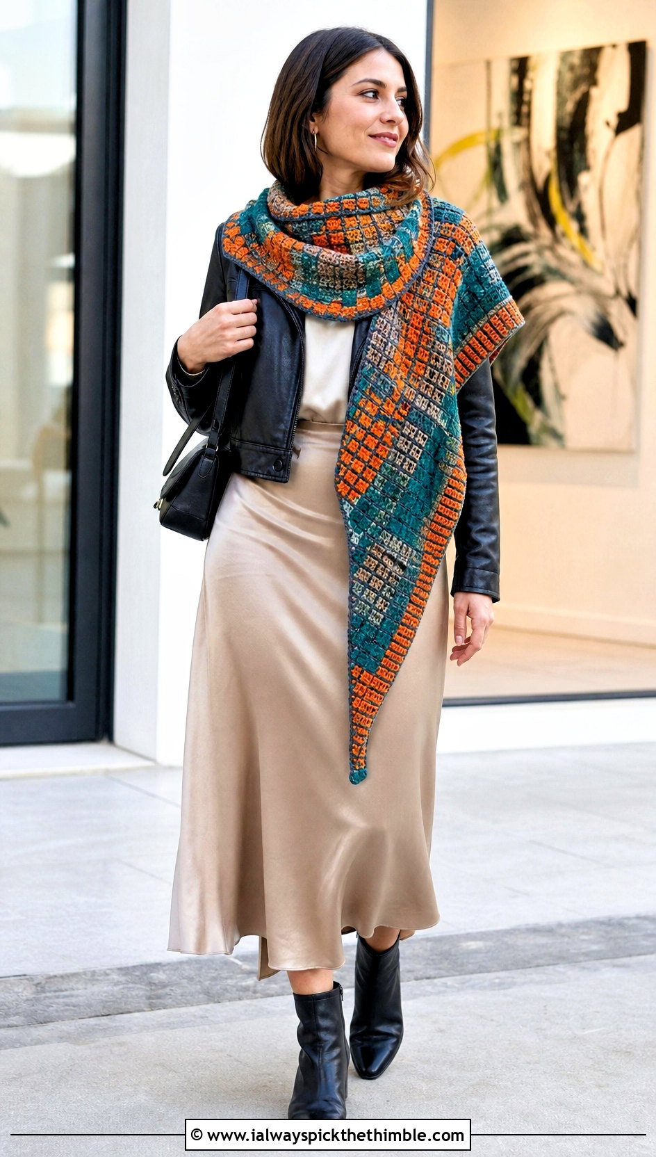 Asymmetrical Mosaic Crochet Shawl With Leather Jacket And Satin Skirt - 20 mosaic crochet shawl outfit ideas