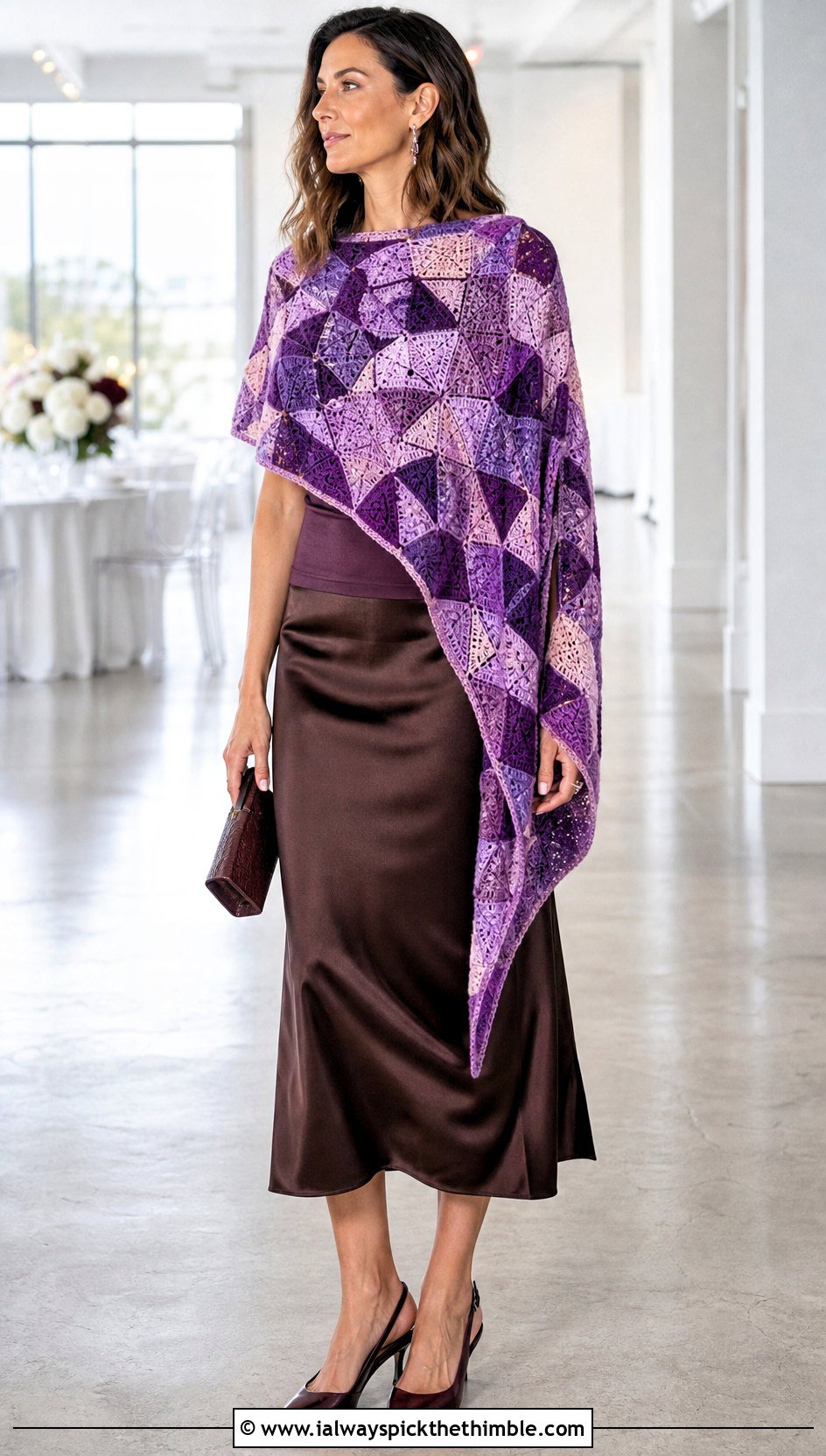 Asymmetrical Mosaic Poncho With Satin Midi Skirt - 15 Mosaic Crochet Poncho outfit ideas