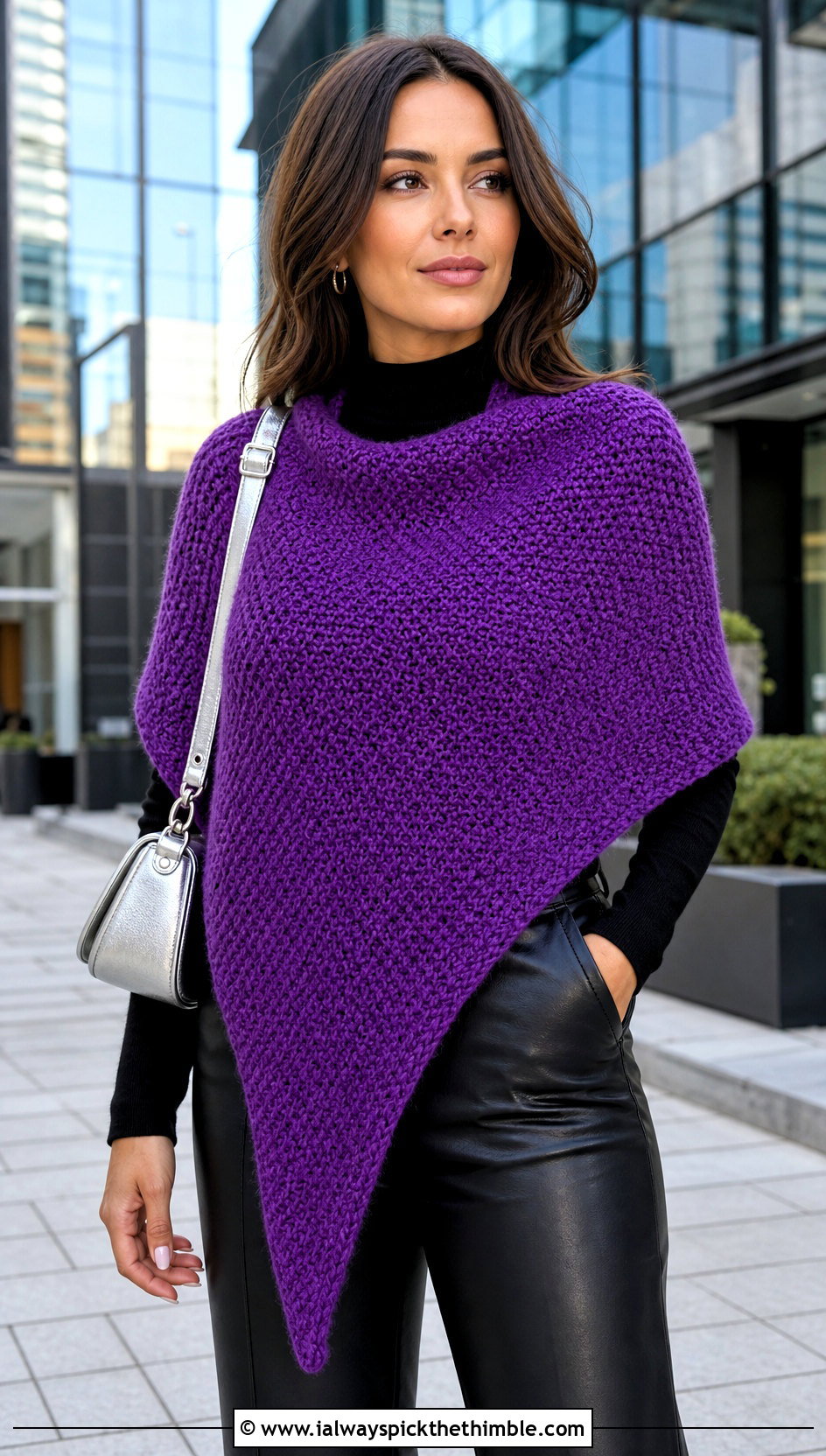 Asymmetrical Moss Stitch Shawl With Leather Pants - 20 Crochet Moss Stitch Shawl outfit ideas