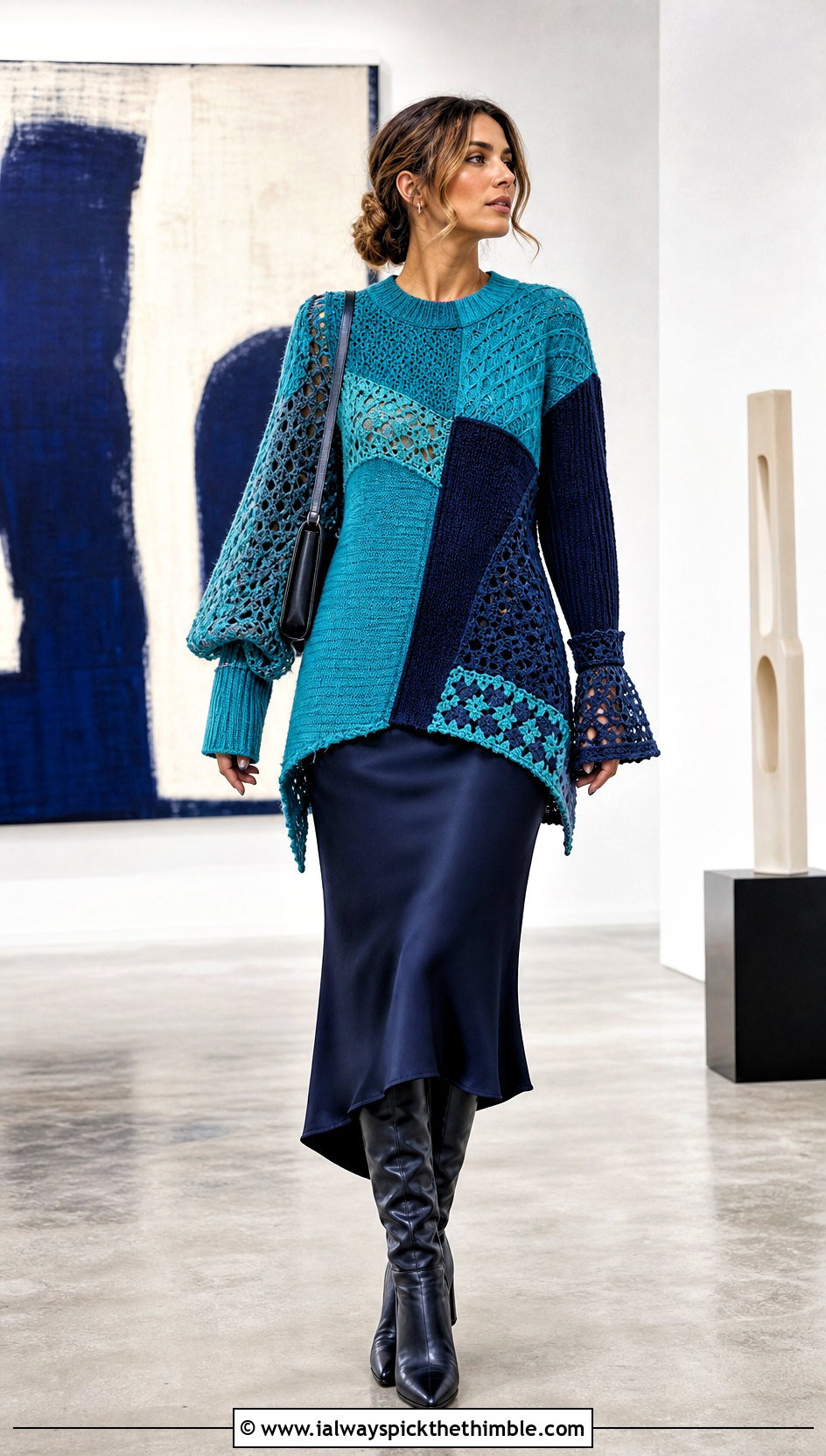 Asymmetrical Patchwork Sweater With Bias Cut Skirt - 20 crochet patchwork sweater outfit ideas
